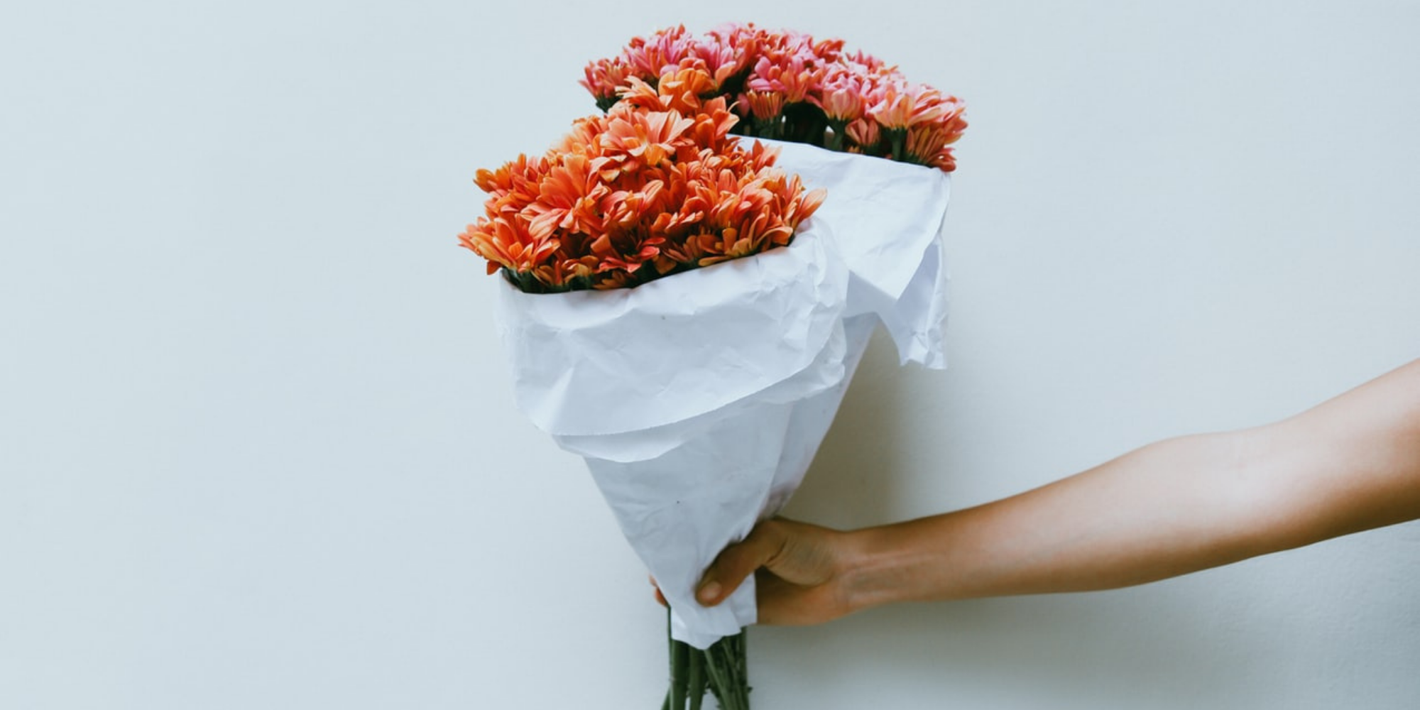 person holding out two bouquets of orange daisies wrapped in paper ethical flowers