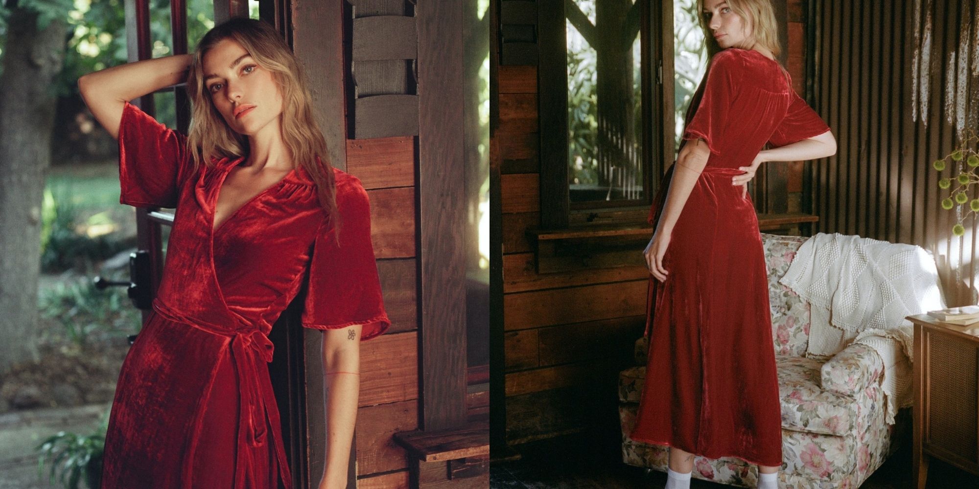Full body view of someone wearing a red upcycled velvet long wrap dress ethically made by Christy Dawn.