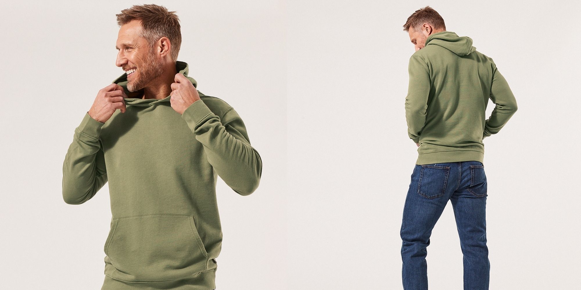 man wearing light green organic hoodie by PACT