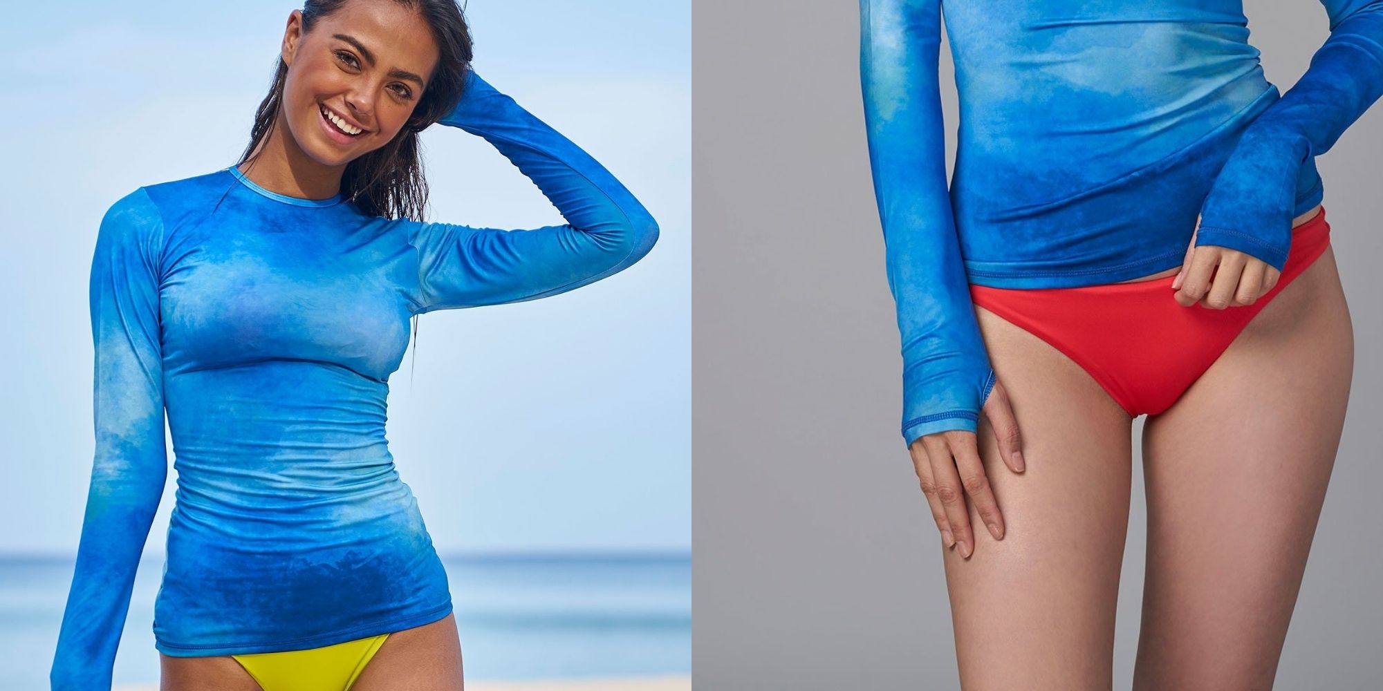 women wearing blue recycled plastic bottles rash shirt by Loop Swim