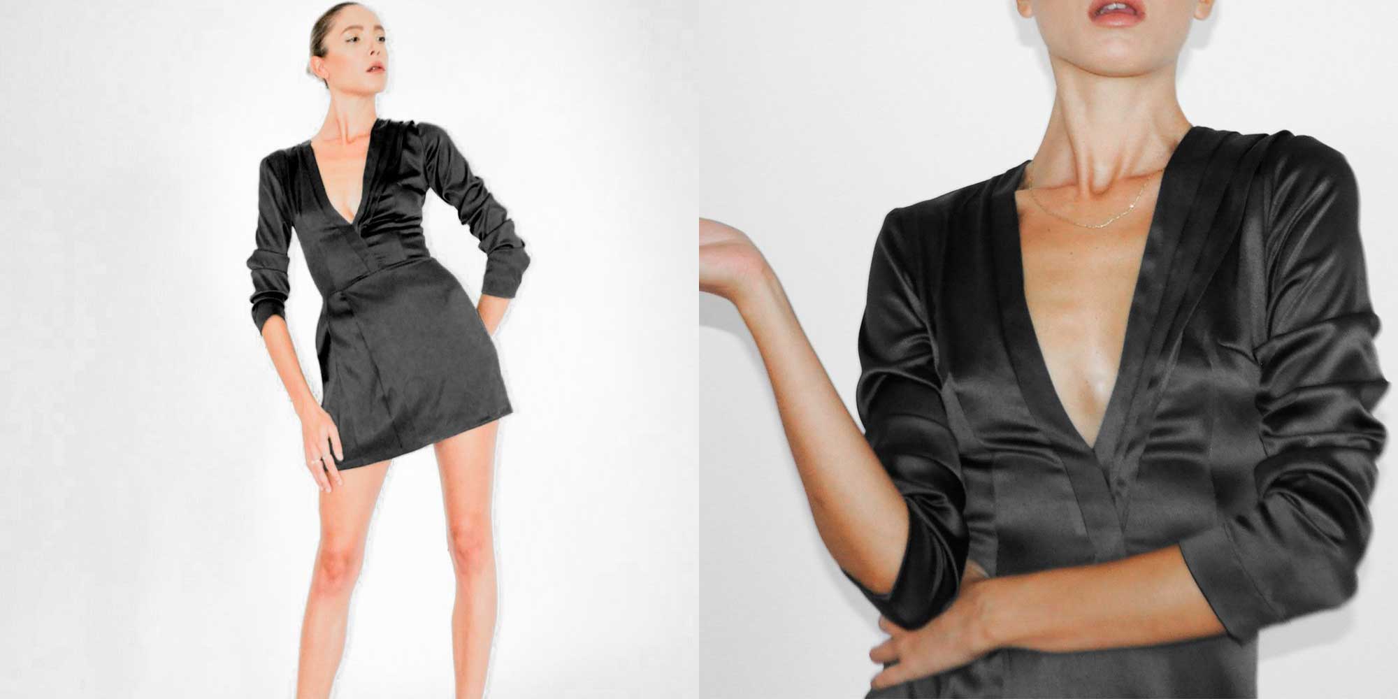 woman wearing black shiny short dress by bastet noir