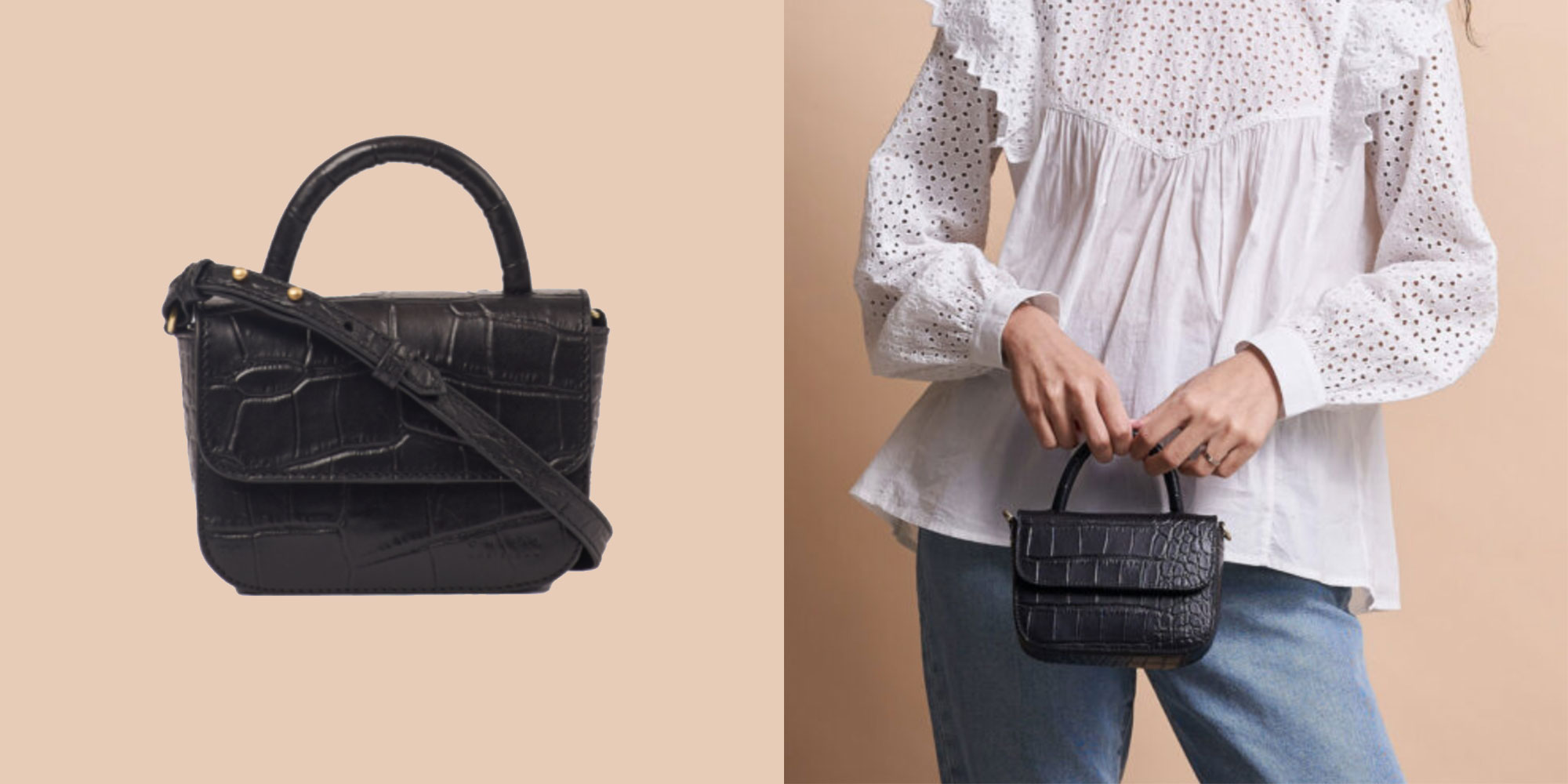 woman holding small black mini bag my o my bag