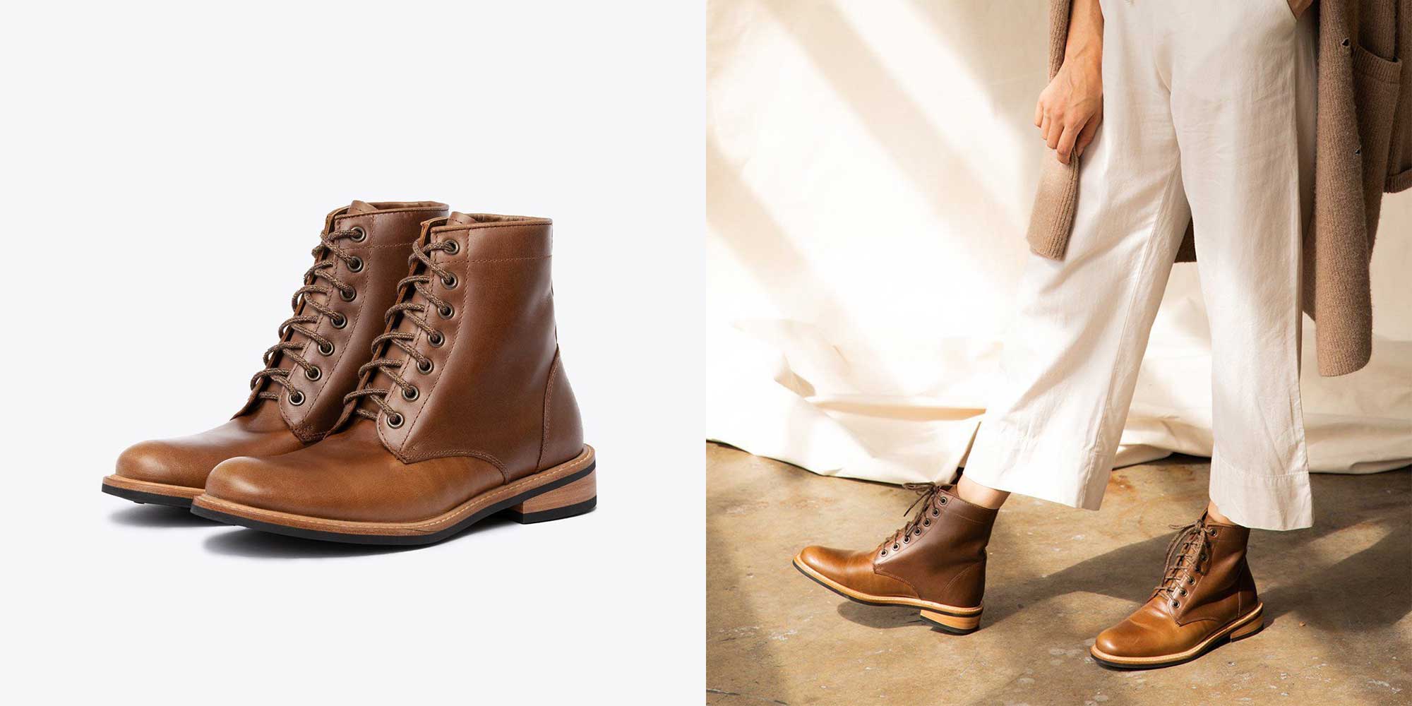 woman wearing brown boots by nisolo