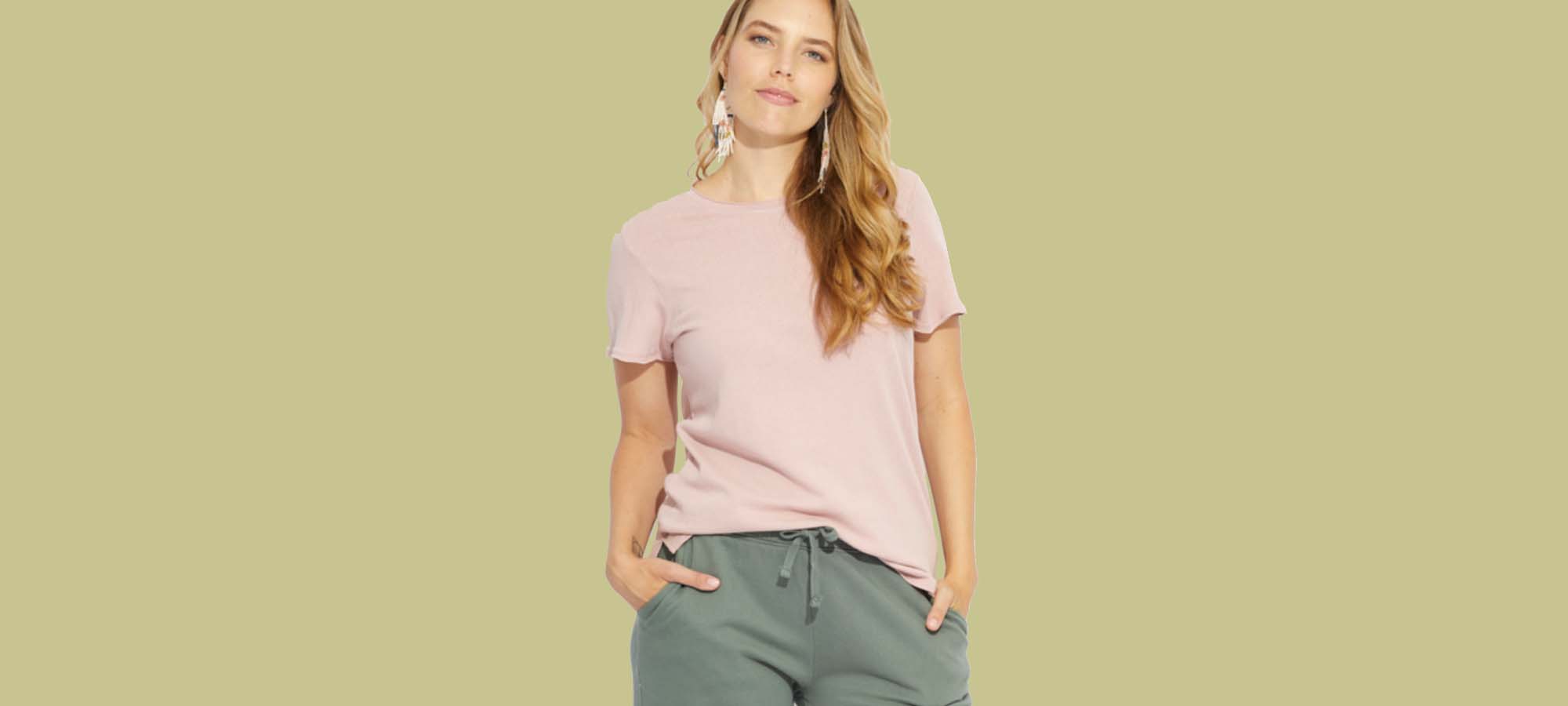 woman wearing pact pale pink t-shirt