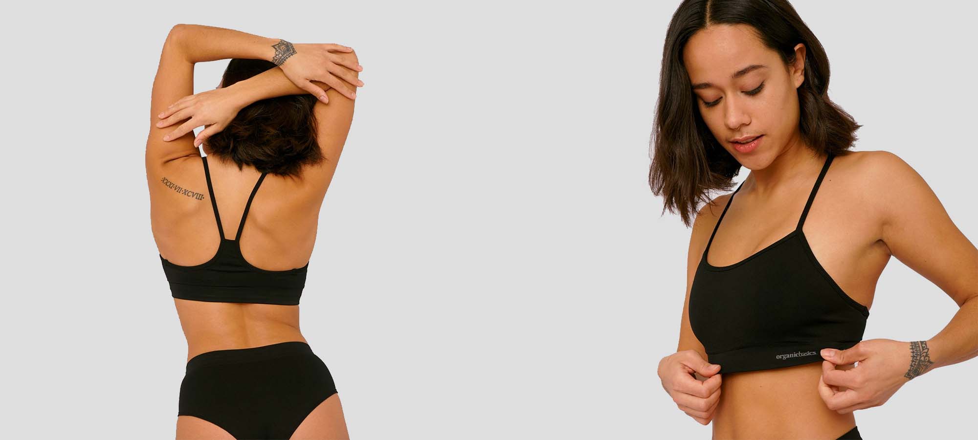 woman wearing black organic basics sports bra