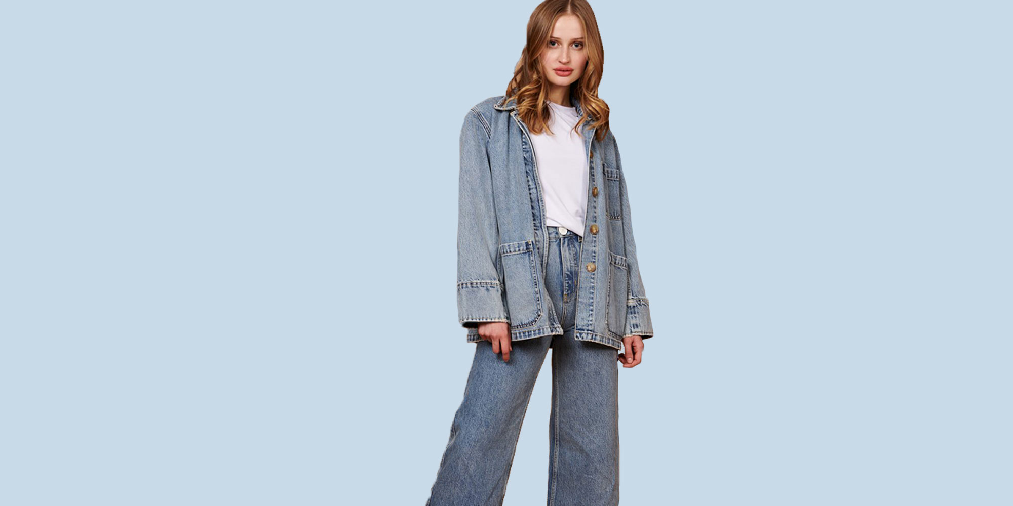 woman wearing ethical denim jacket by whimsy and row