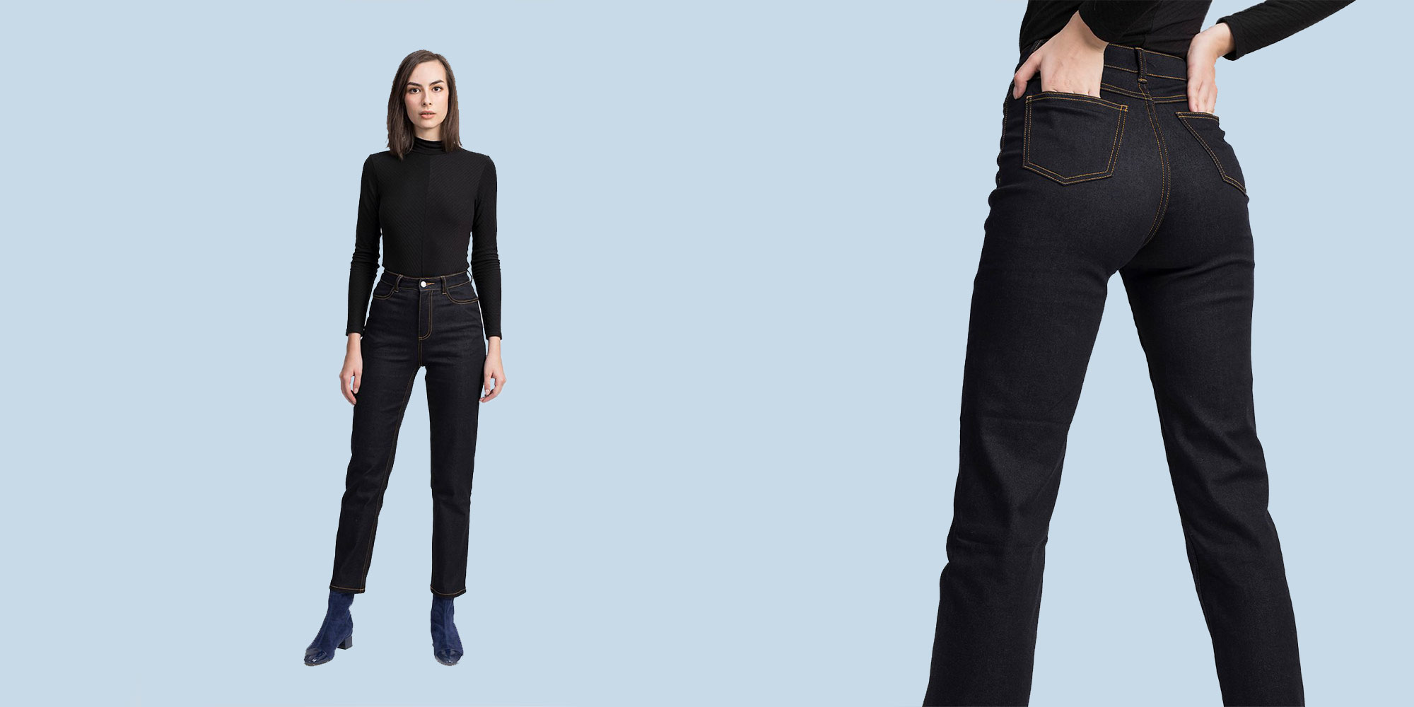 woman wearing dark blue ethical jeans by Unspun