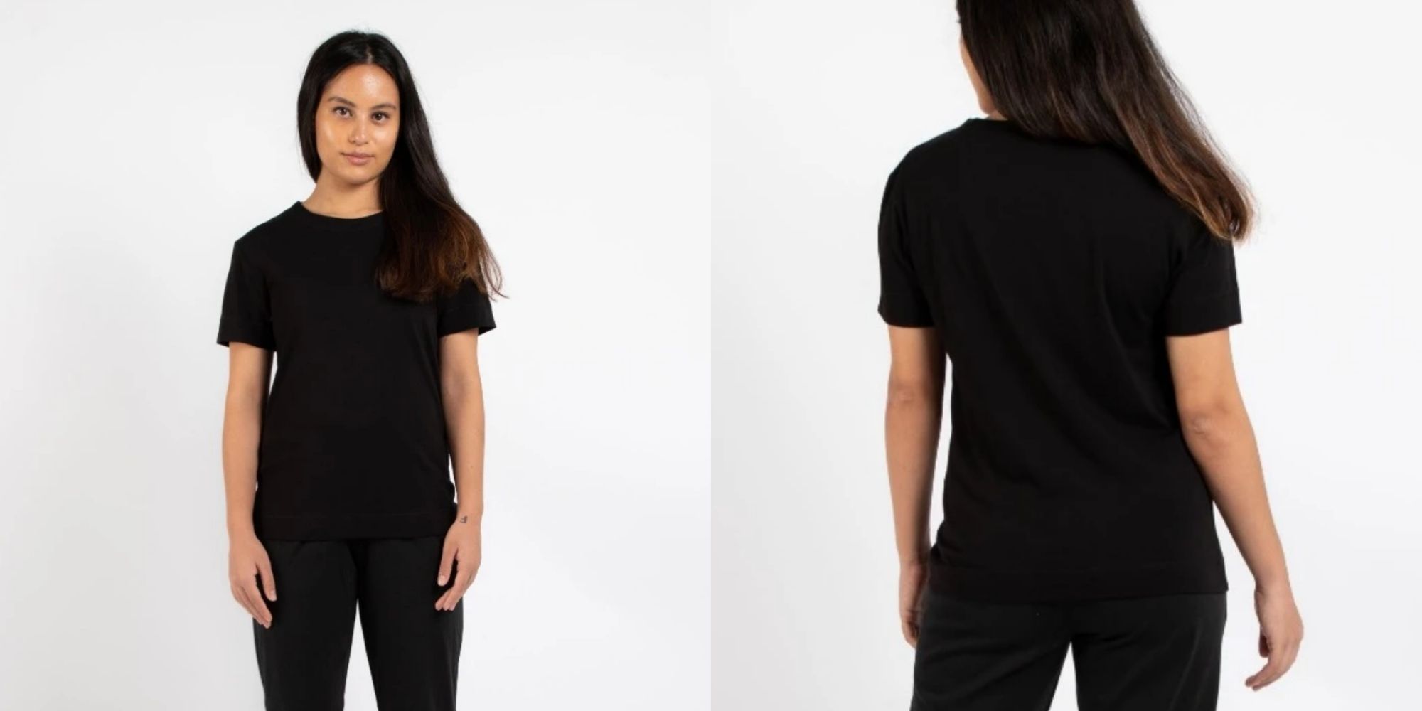 woman wearing classic black tee by Dorsu for capsule wardrobe
