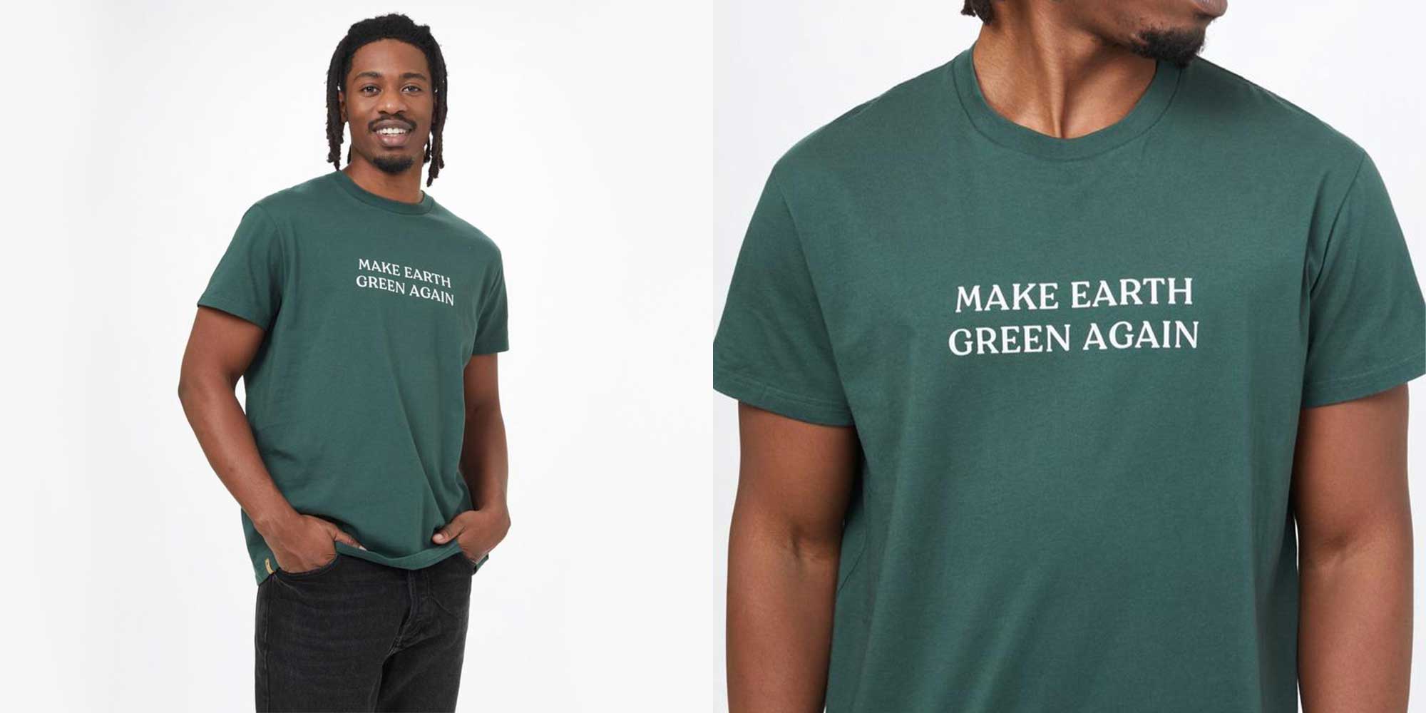 man wearing dark green slogan t-shirt by tentree