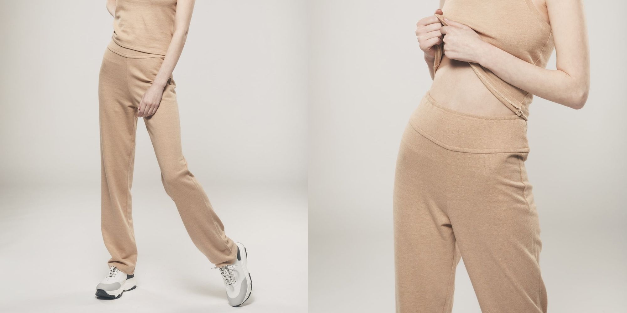 Someone wearing light brown elevated basic trousers by Organique.