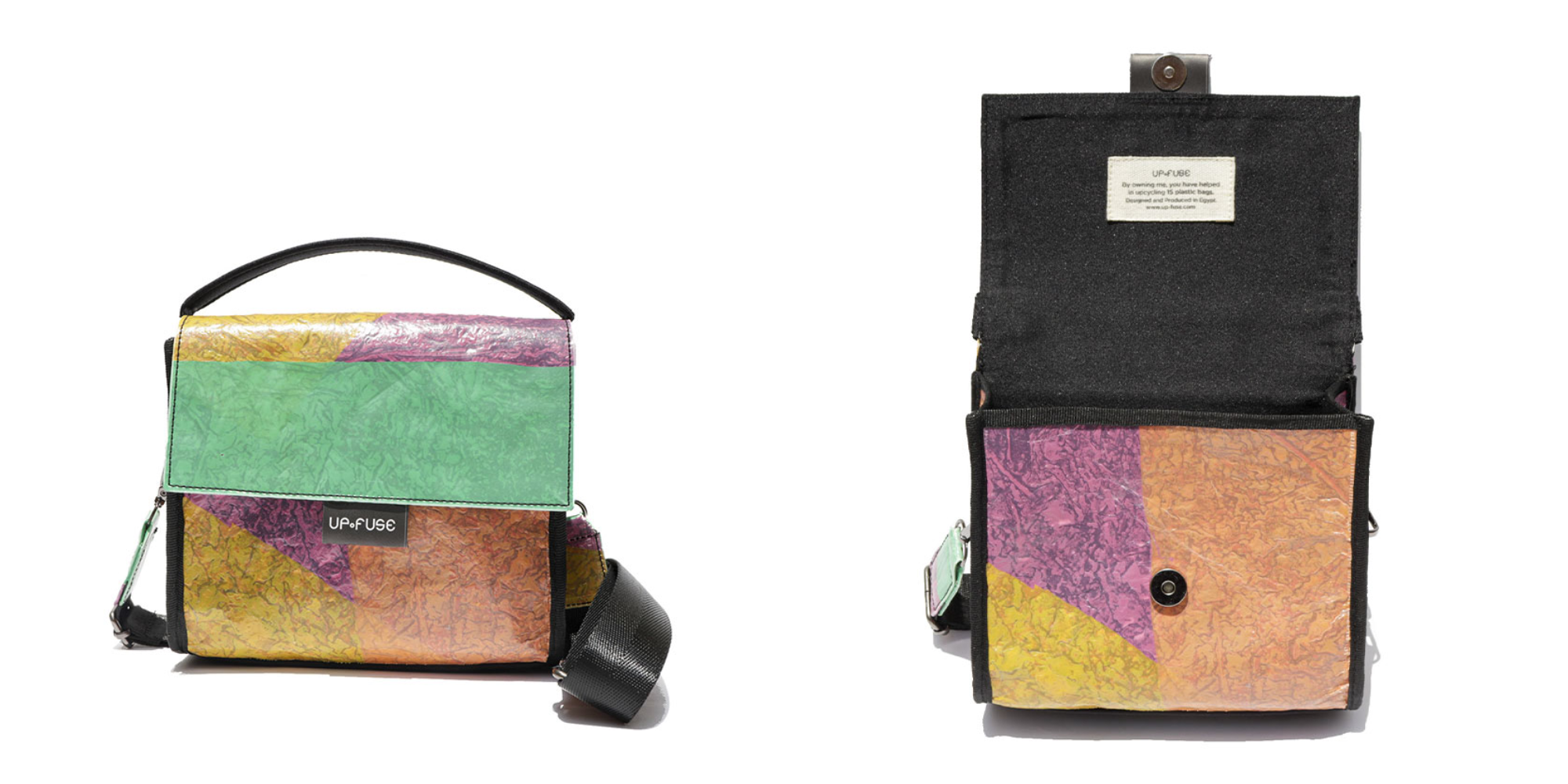 front and open view of multi-way bag by Up-fuse