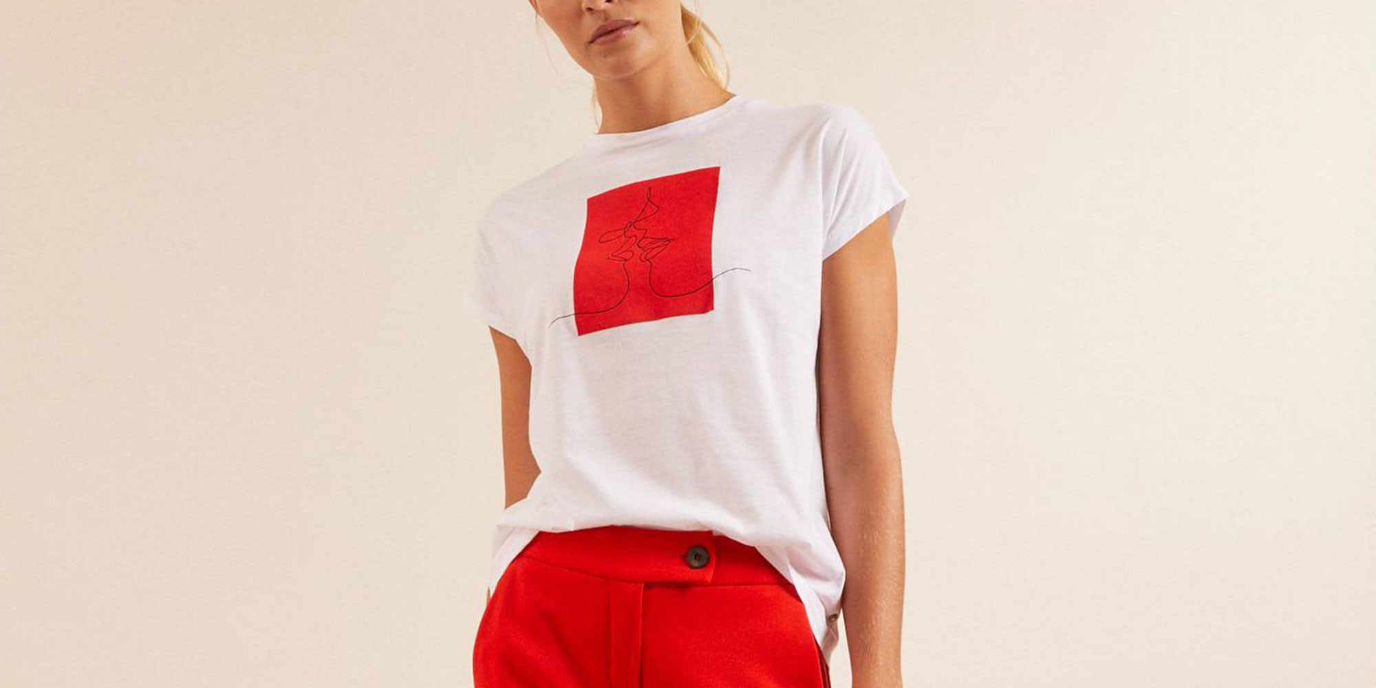 woman wearing black and red sustainable t-shirt by lanius