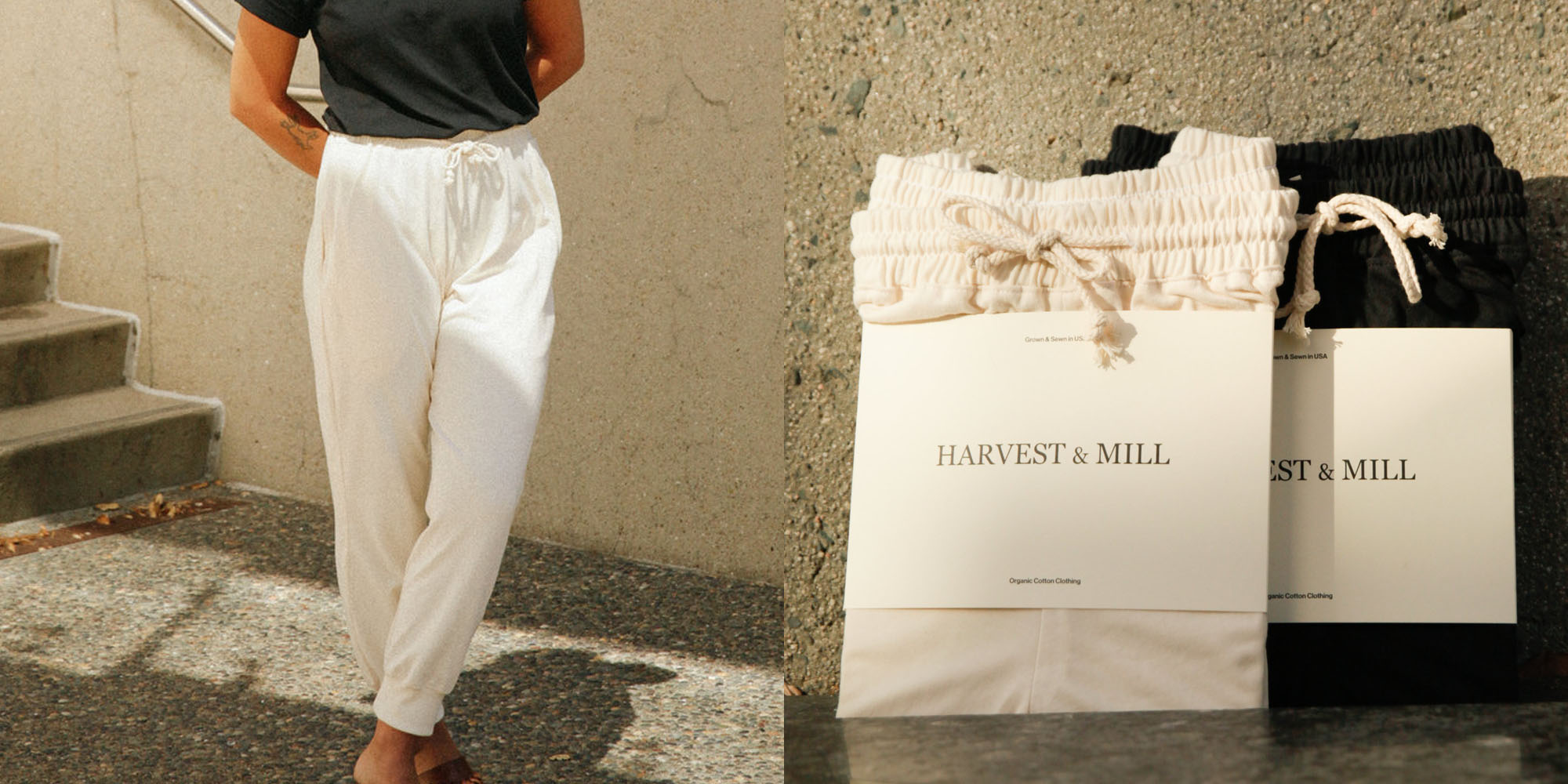 Woman wearing Harvest & Mill ivory joggers