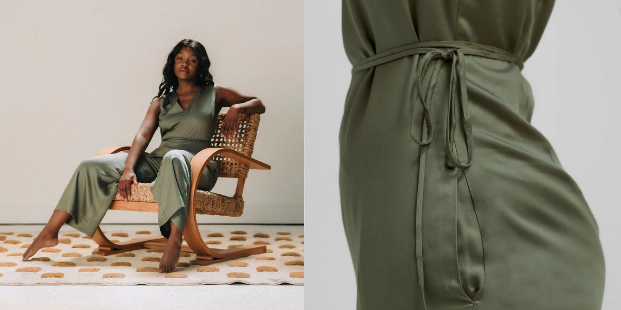 ettitude's green bamboo sateen jumpsuit modelled by someone reclining on a chair in comfort.