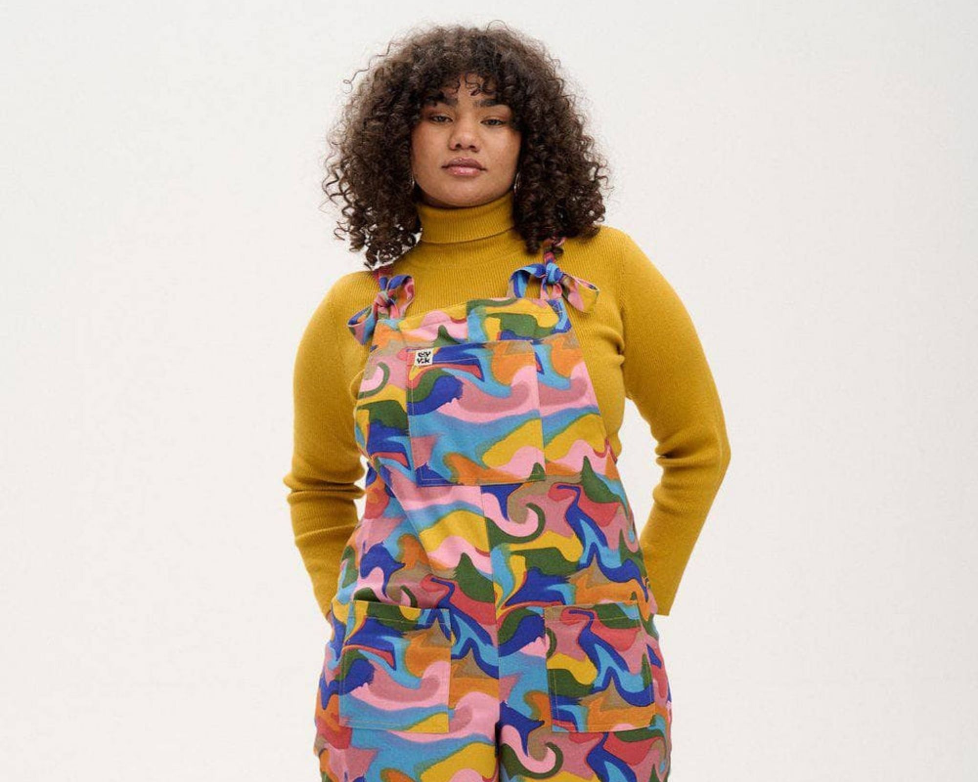 Rainbow Hendrix print dungarees ethically designed by Lucy & Yak.