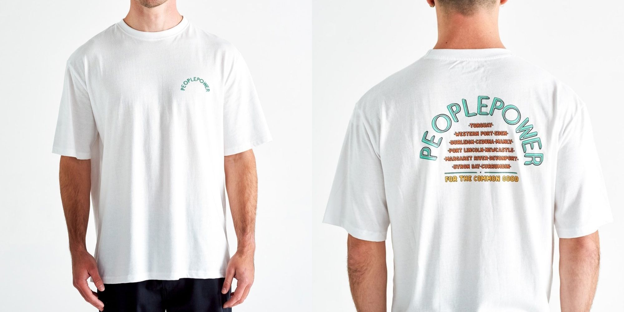 man wearing white recycled People Power tshirt by The Common Good Company