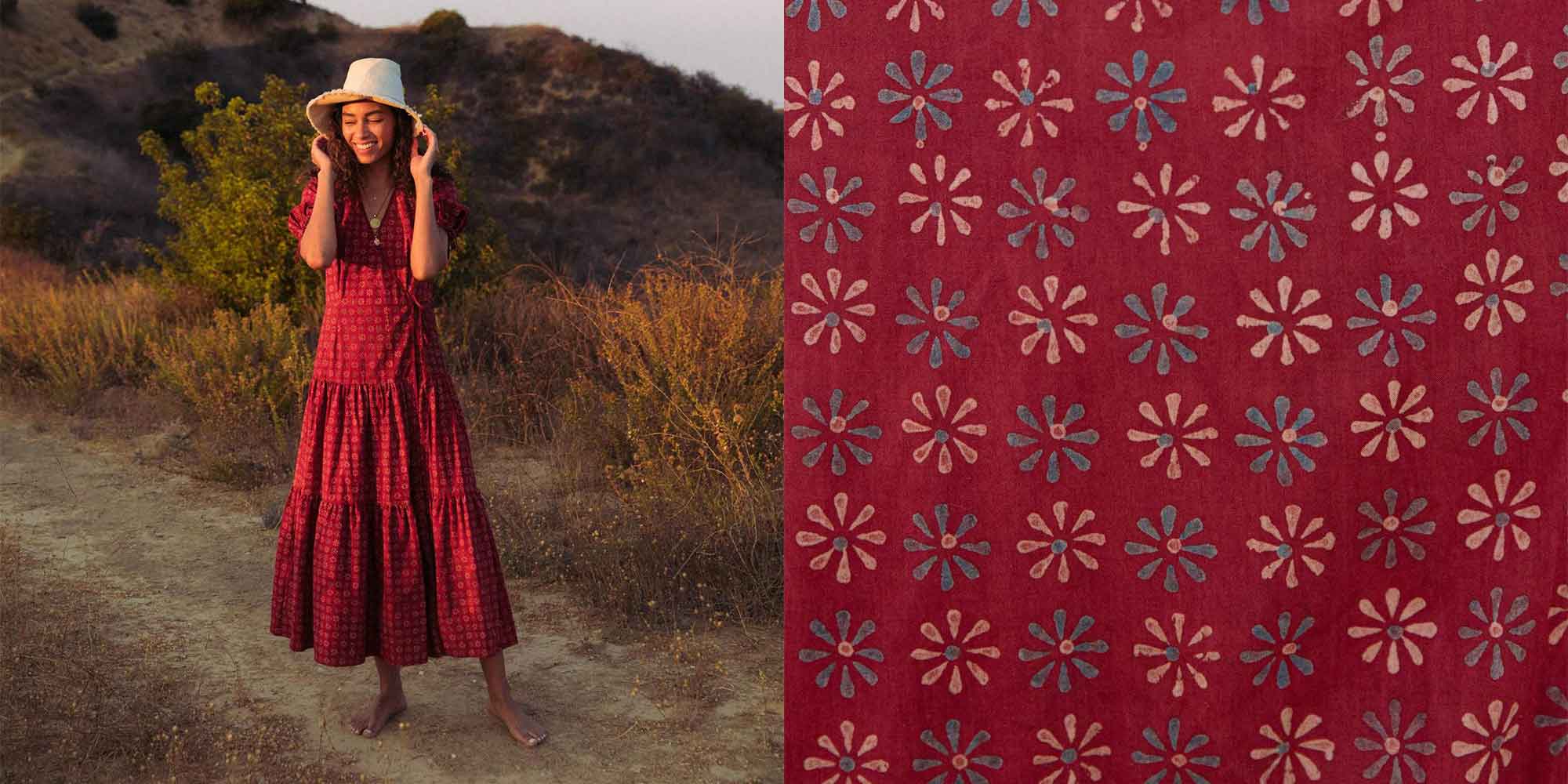 woman wearing red patterned floral dress by ethical brand Christy Dawn