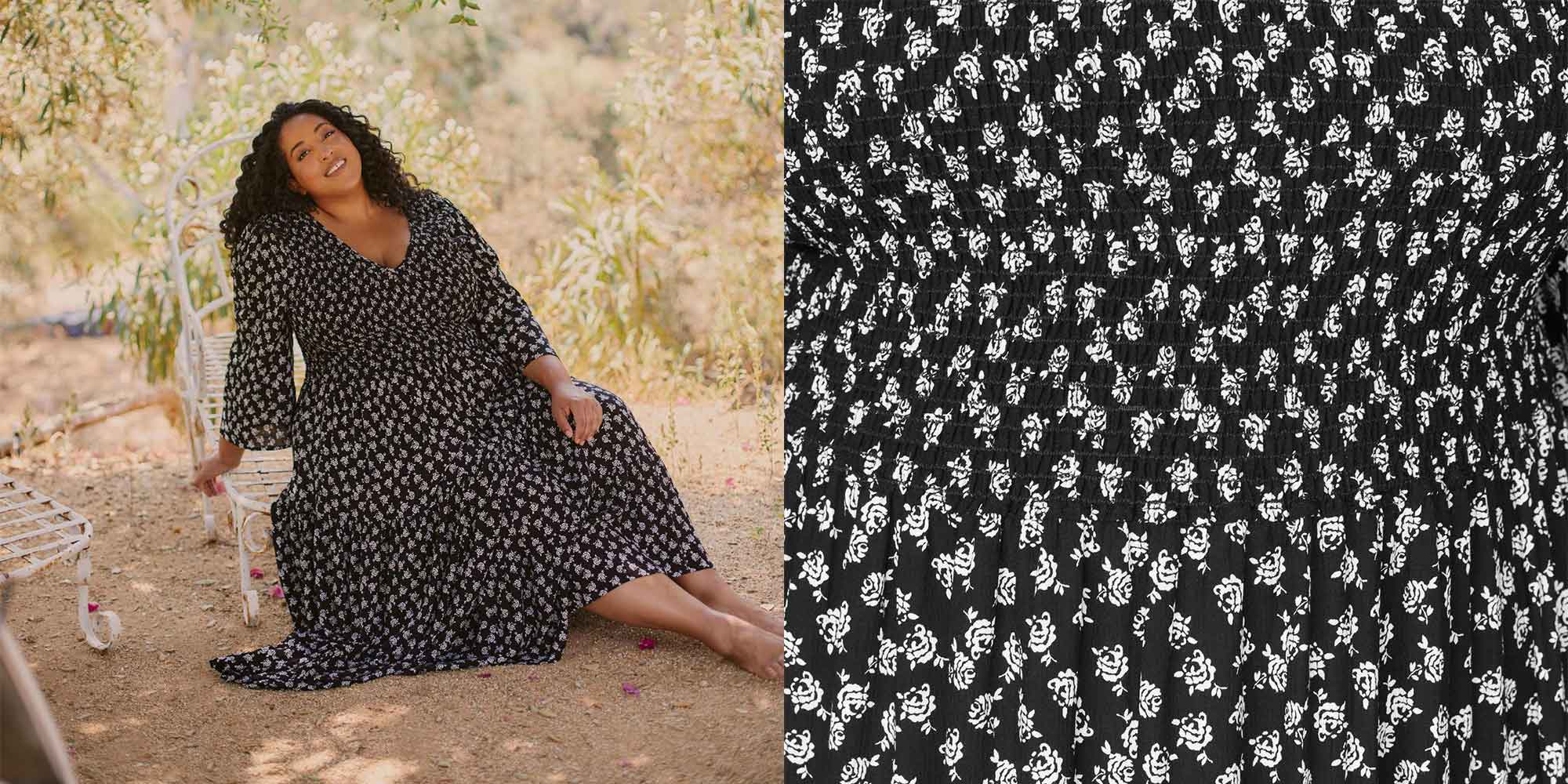plus size black woman wearing black and white sustainable dress by Christy Dawn brand