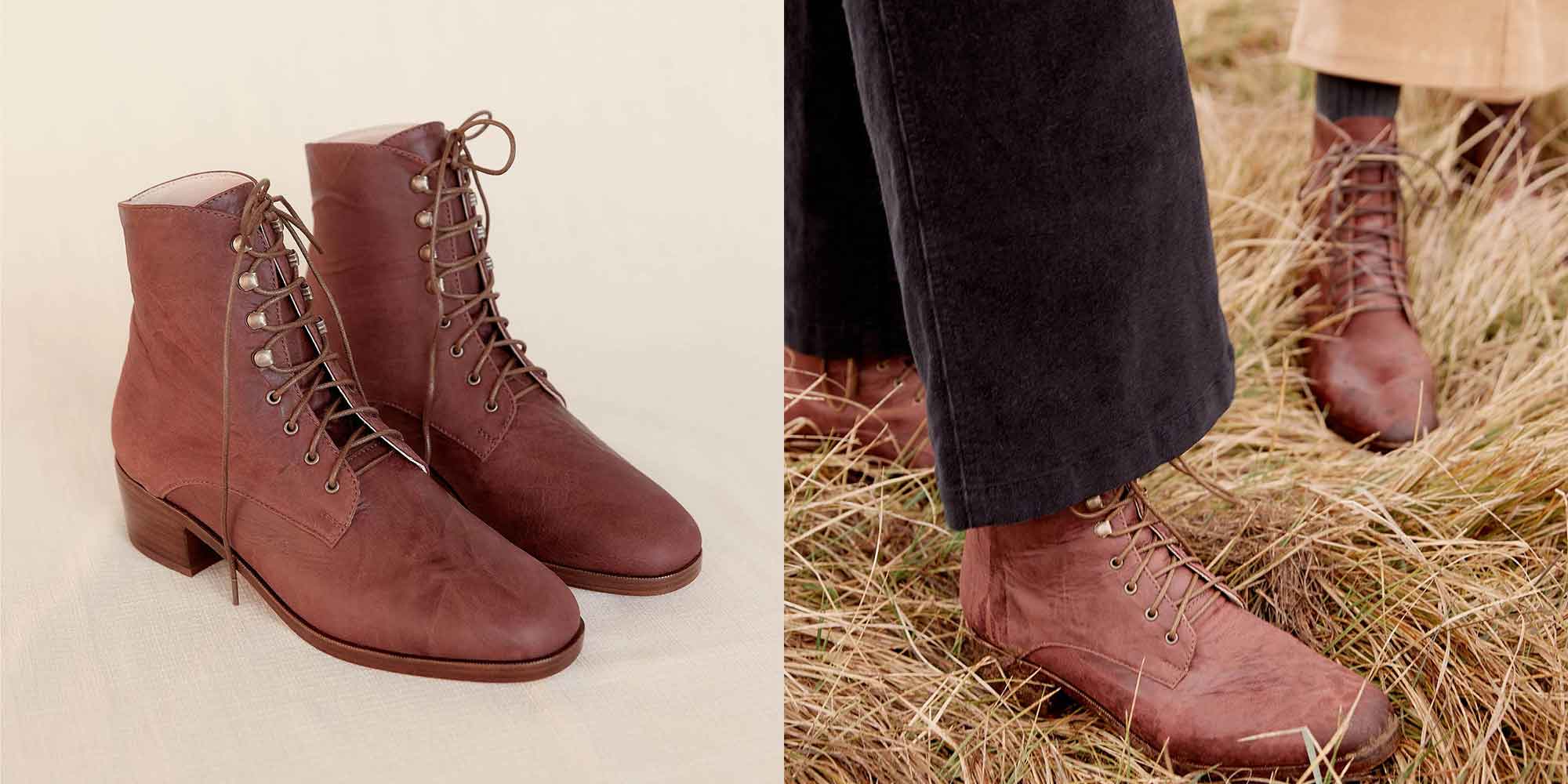 brown recycled leather boots in vintage style by ethical brand Christy Dawn