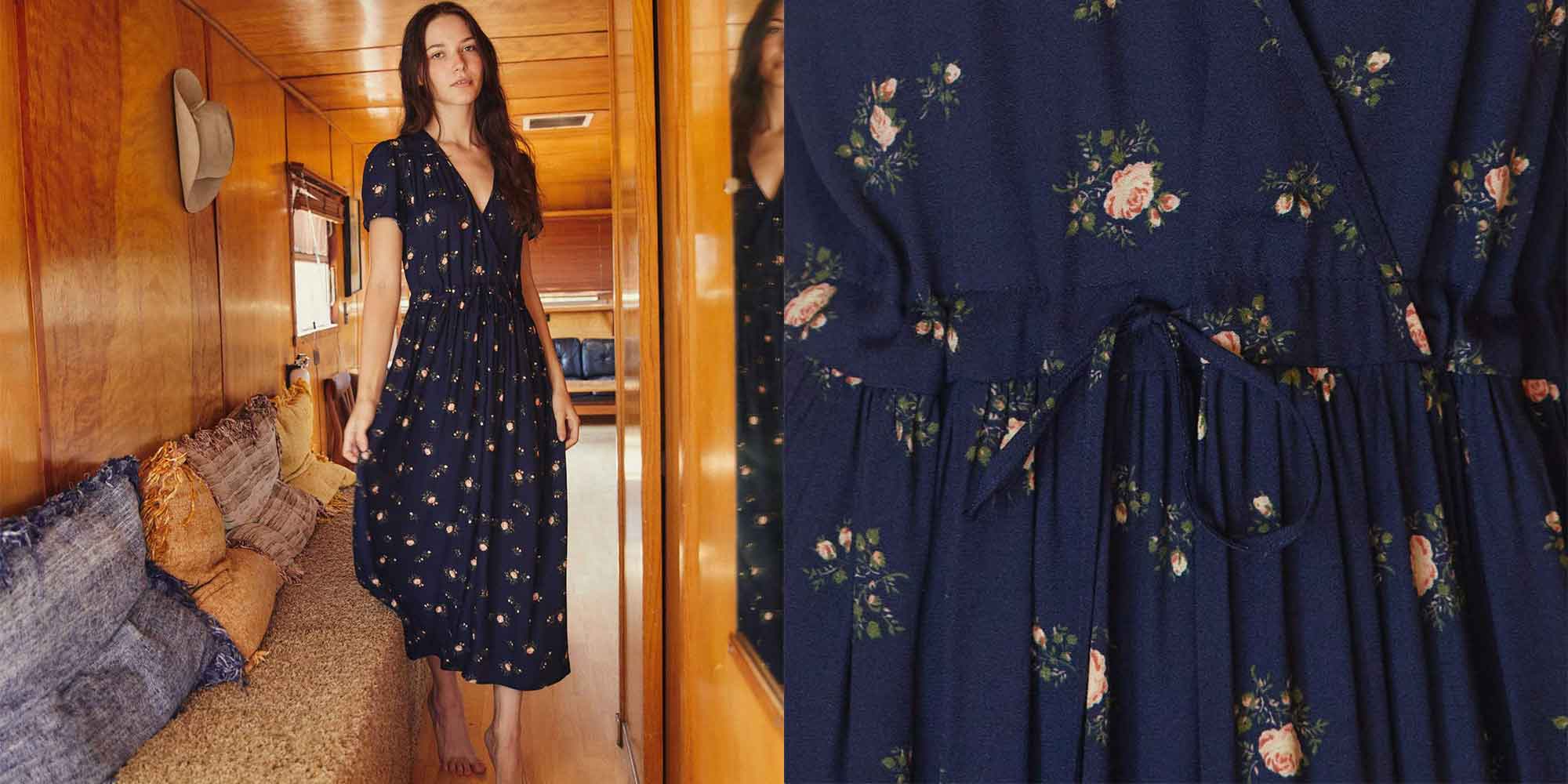 woman wearing blue floral sustainable dress by Christy Dawn