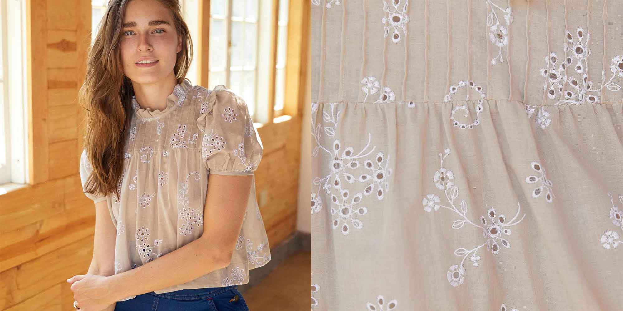 woman wearing sustainably made beige and white patterned top by ethical brand Christy Dawn