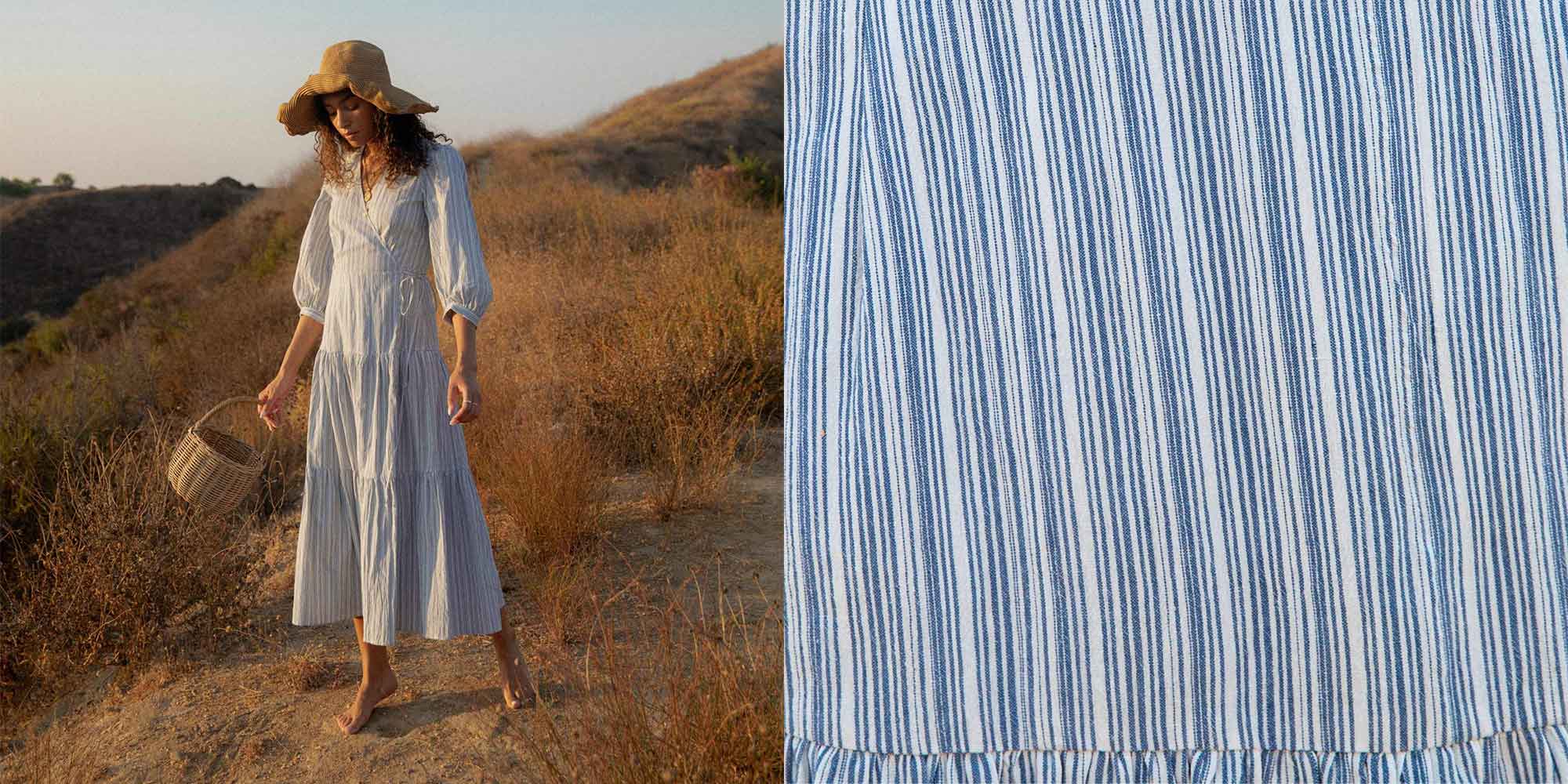 woman wearing flowy blue and white ethically made dress by sustainable brand Christy Dawn