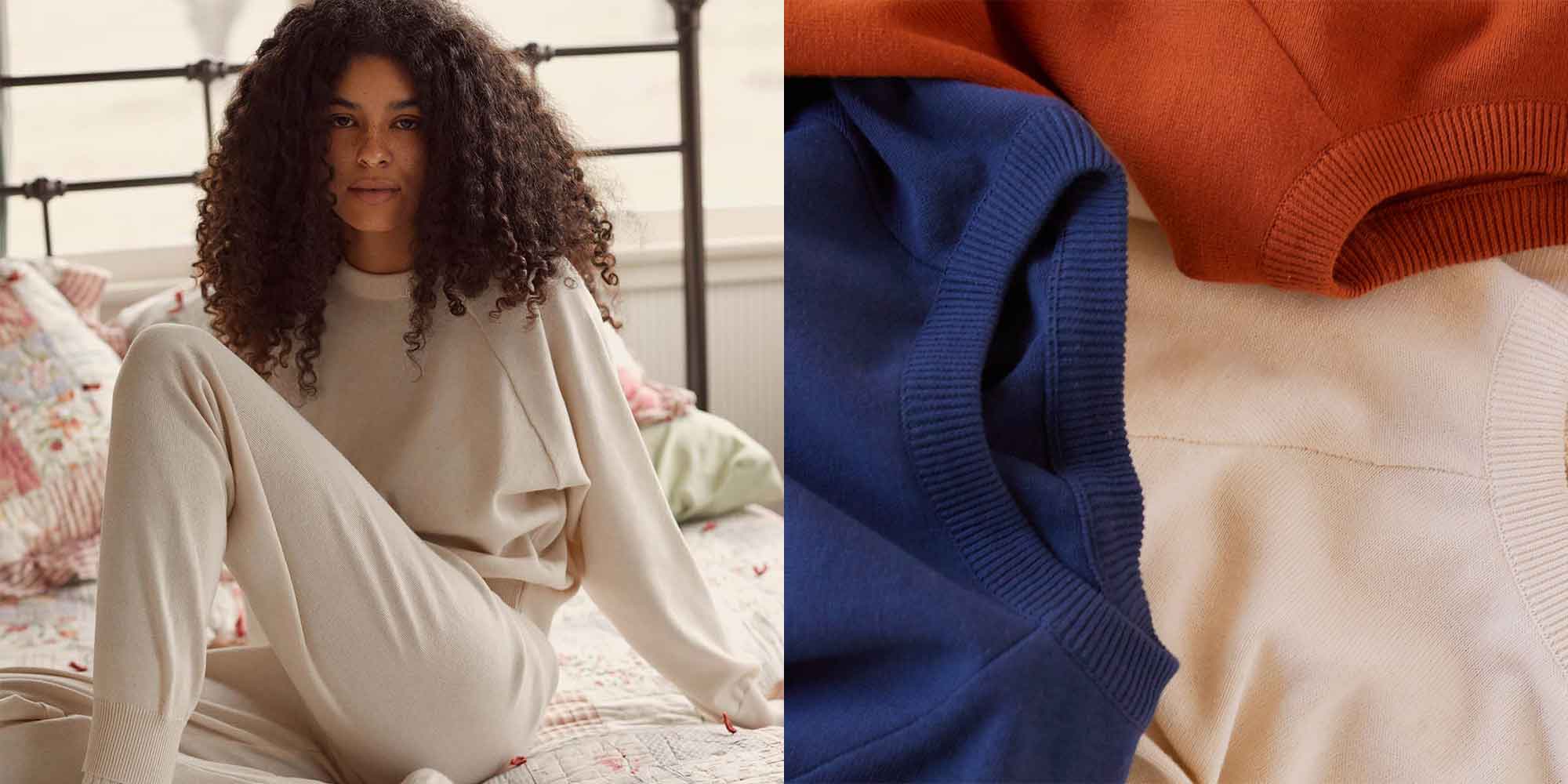 woman wearing organic loungewear set by ethical brand Christy Dawn