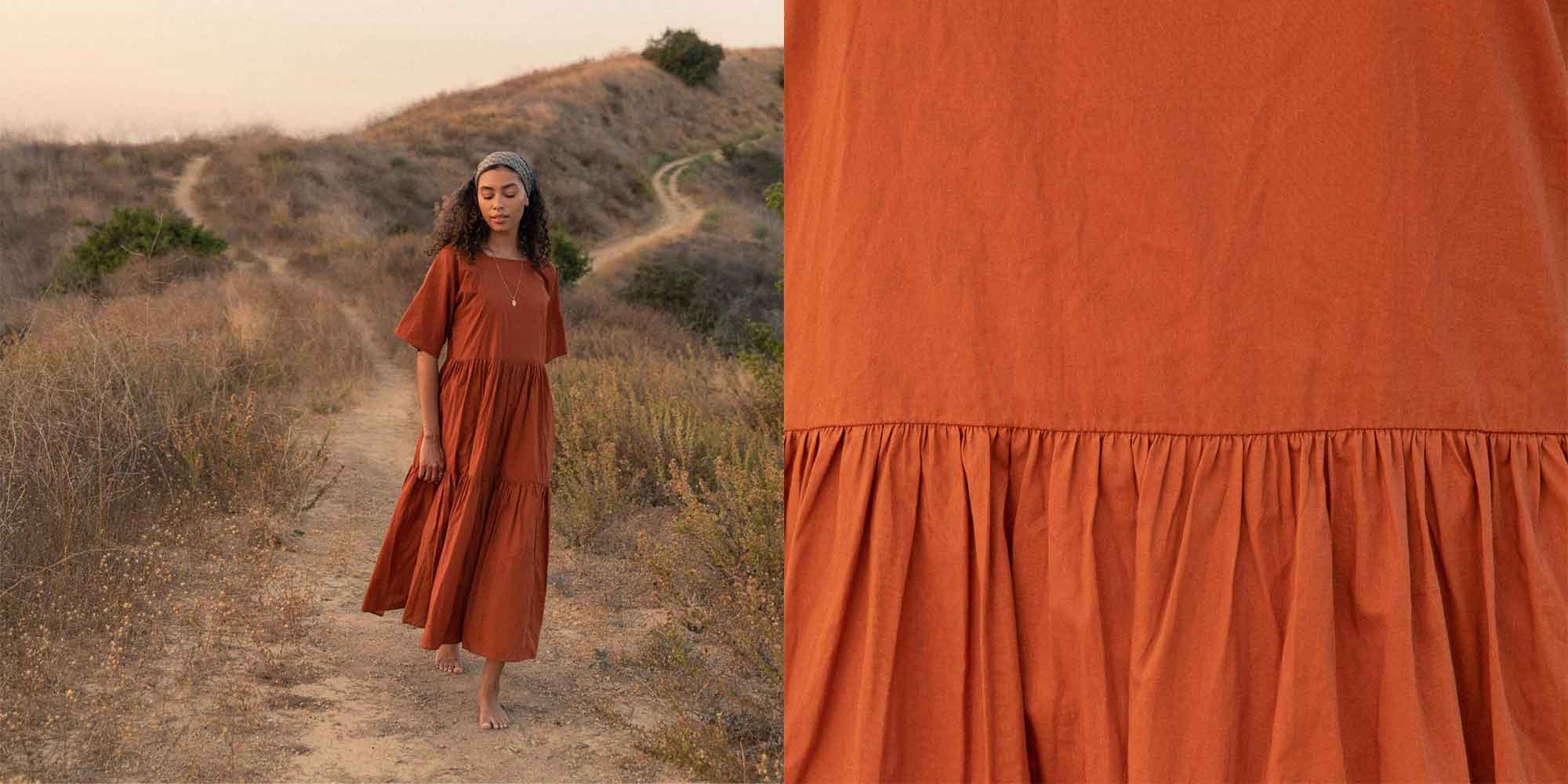 sustainable dress in ochre by ethical brand Christy Dawn