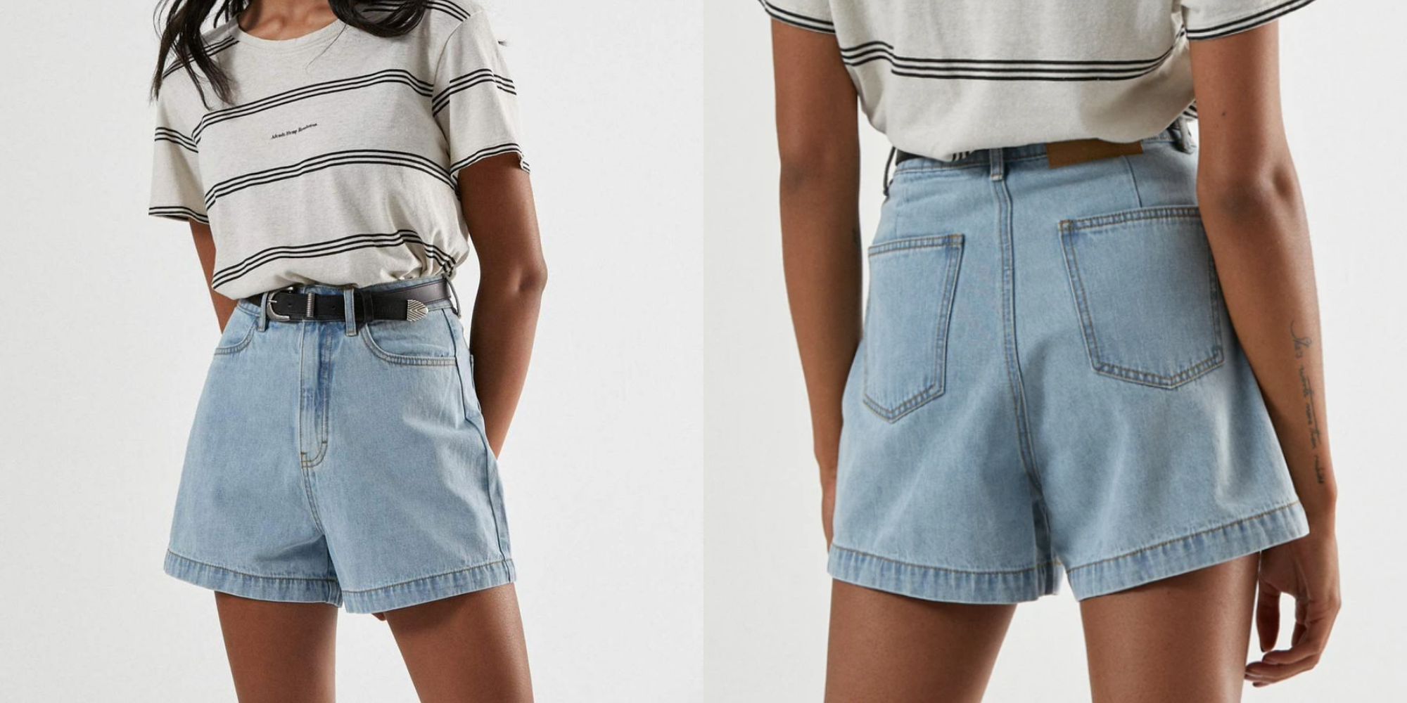 woman of colour wearing retro high waisted organic denim shorts by Afends