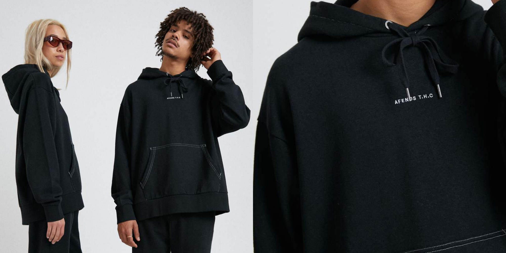 people wearing black organic hemp hoodie by Afends ethical Australian brand