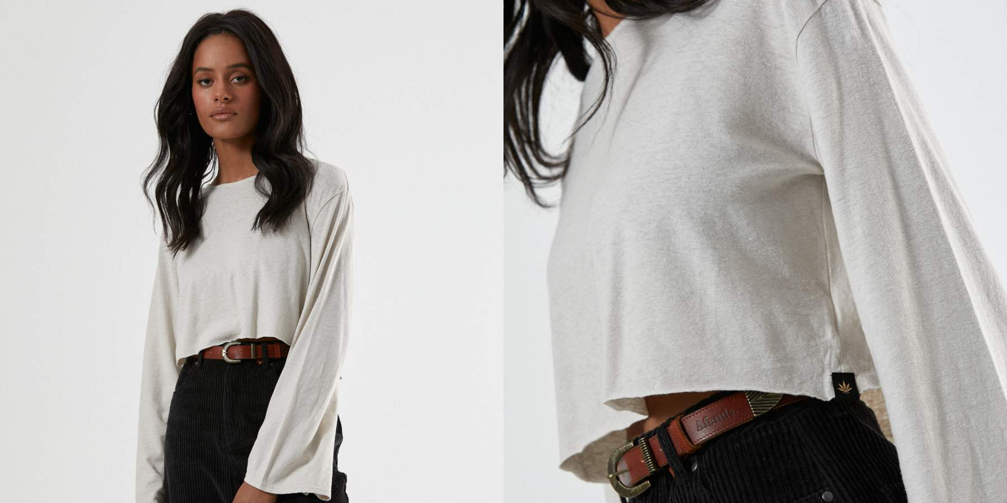 woman of colour wearing white hemp long sleeve shirt by Afends