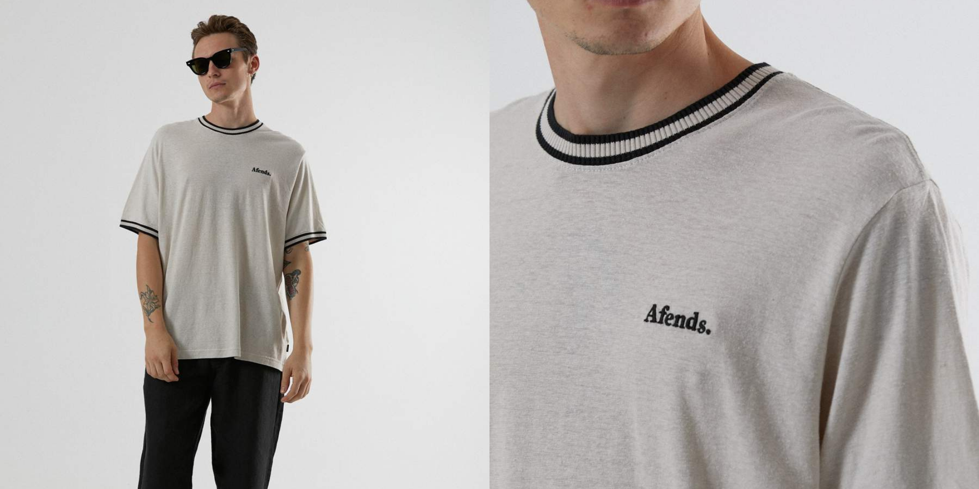man wearing grey and black retro ringer tee by Afends