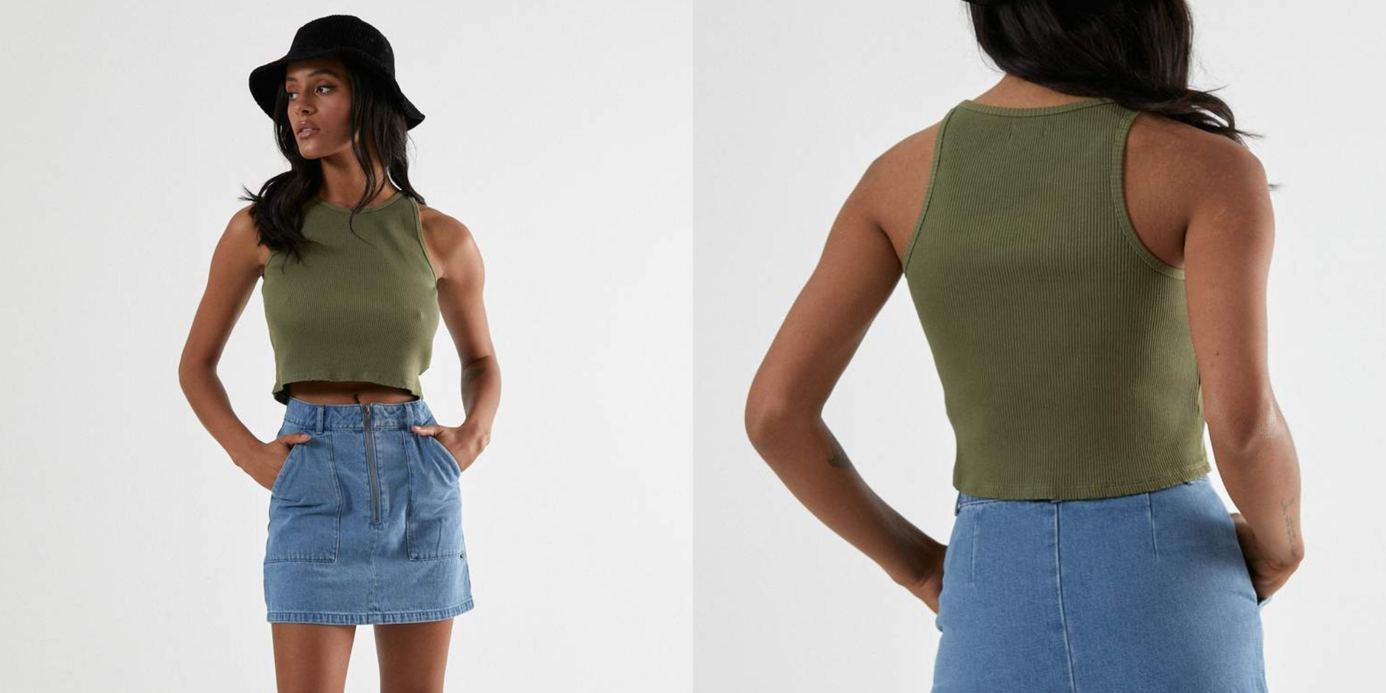 woman of colour wearing olive green ribbed organic singlet by Afends