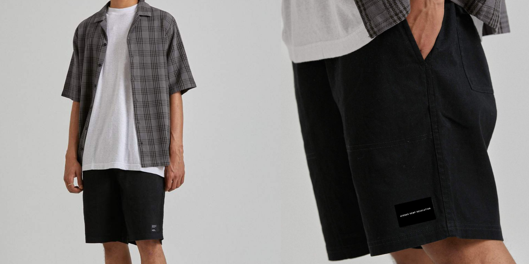 man wearing black hemp walkshorts by Afends brand