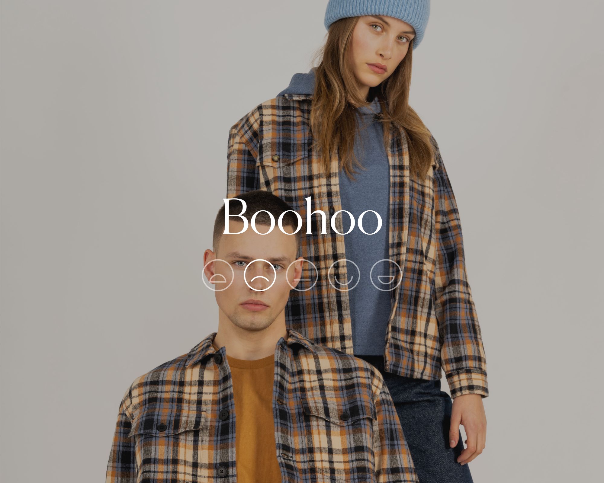 Two people wearing hoodies and flannel shirts in a faded image behind text that says