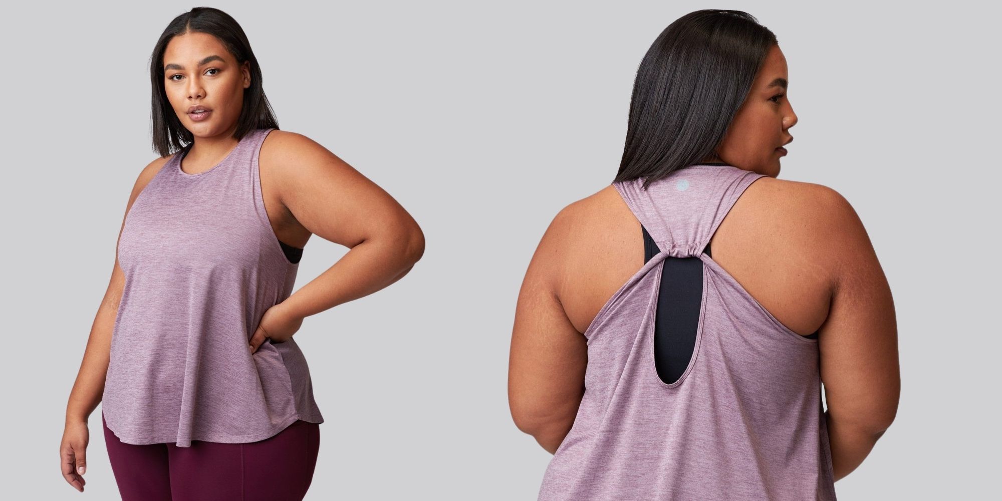 plus size woman of colour wearing lavender plus size tank by Threads 4 Thought