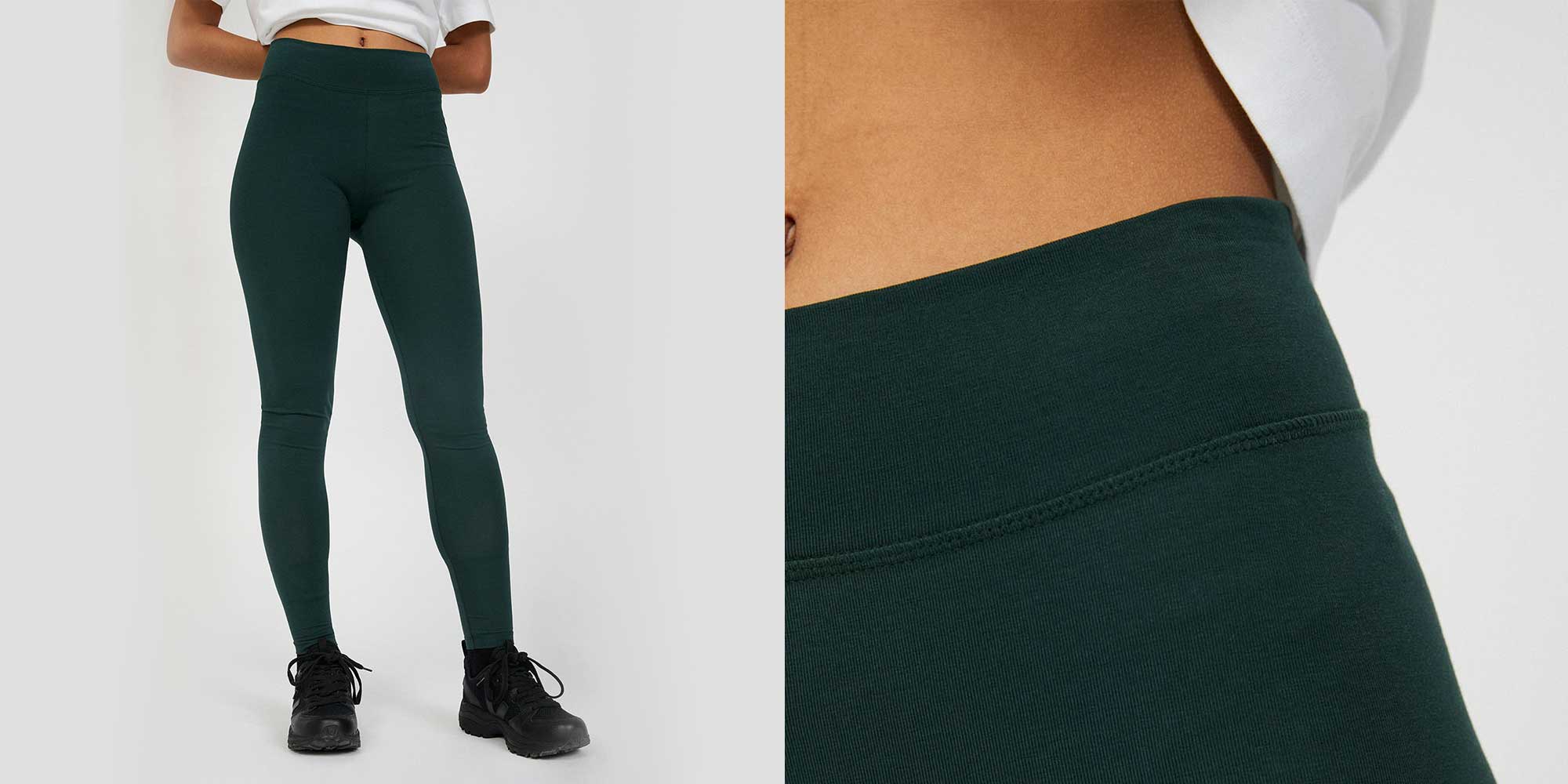 woman wearing dark green conscious leggings by armedangels