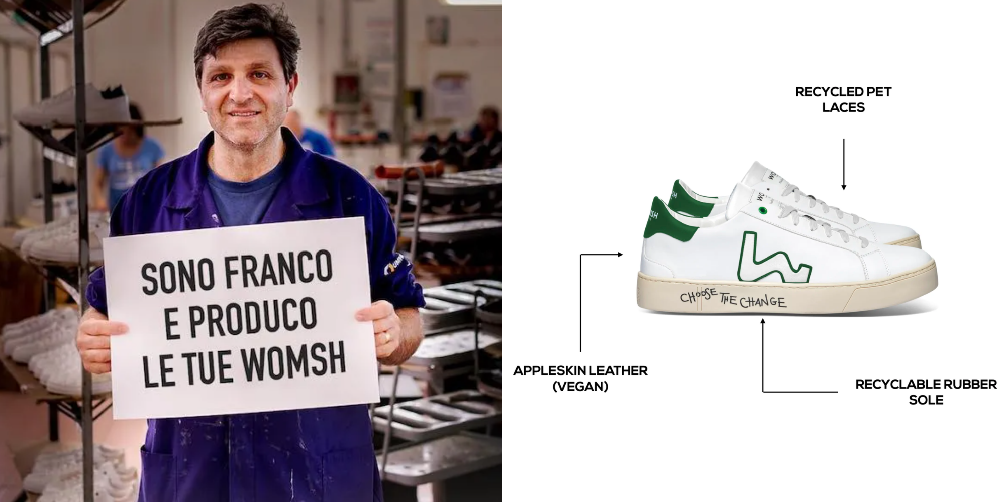 man holding a sign saying he made this shoe in Italian and graphic of sustainable sneaker by COMOVITA x Womsh