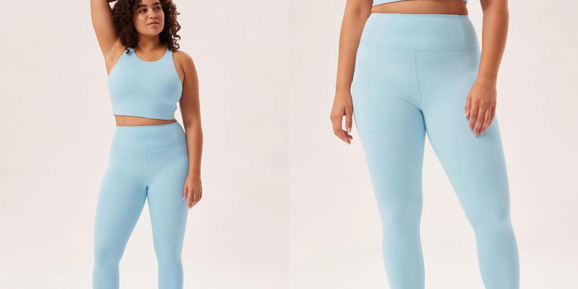 A pair of ultralight powder blue leggings by Girlfriend Collective.