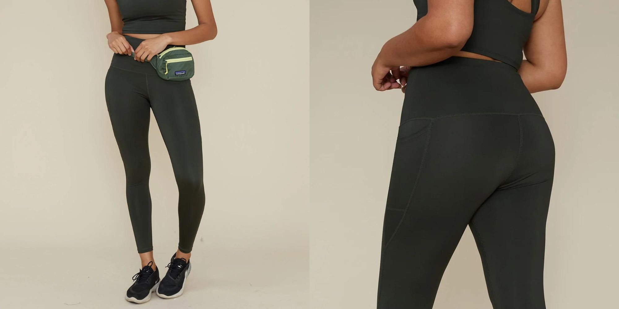 Dark olive green recycled fabric leggings by Amble Outdoors.