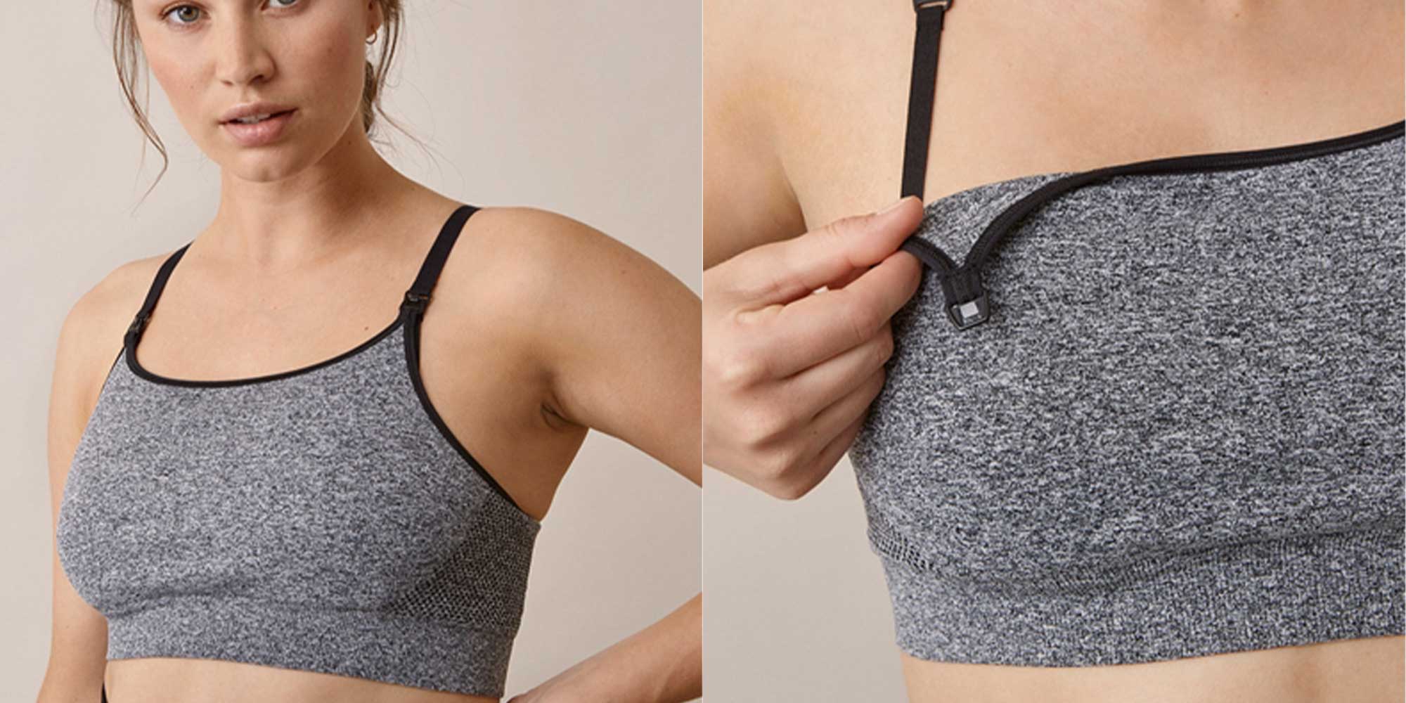 woman wearing maternity sports bra by boob