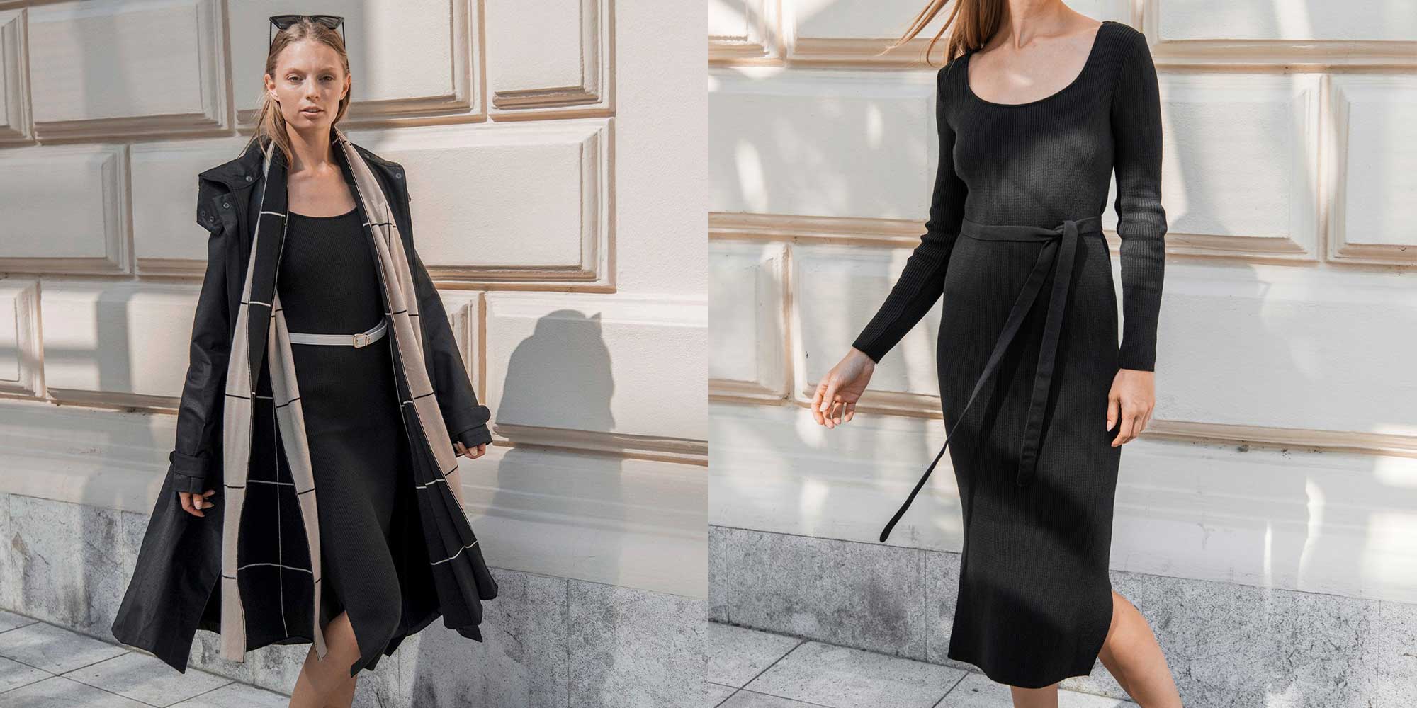woman wearing black midi length dress by mila vert