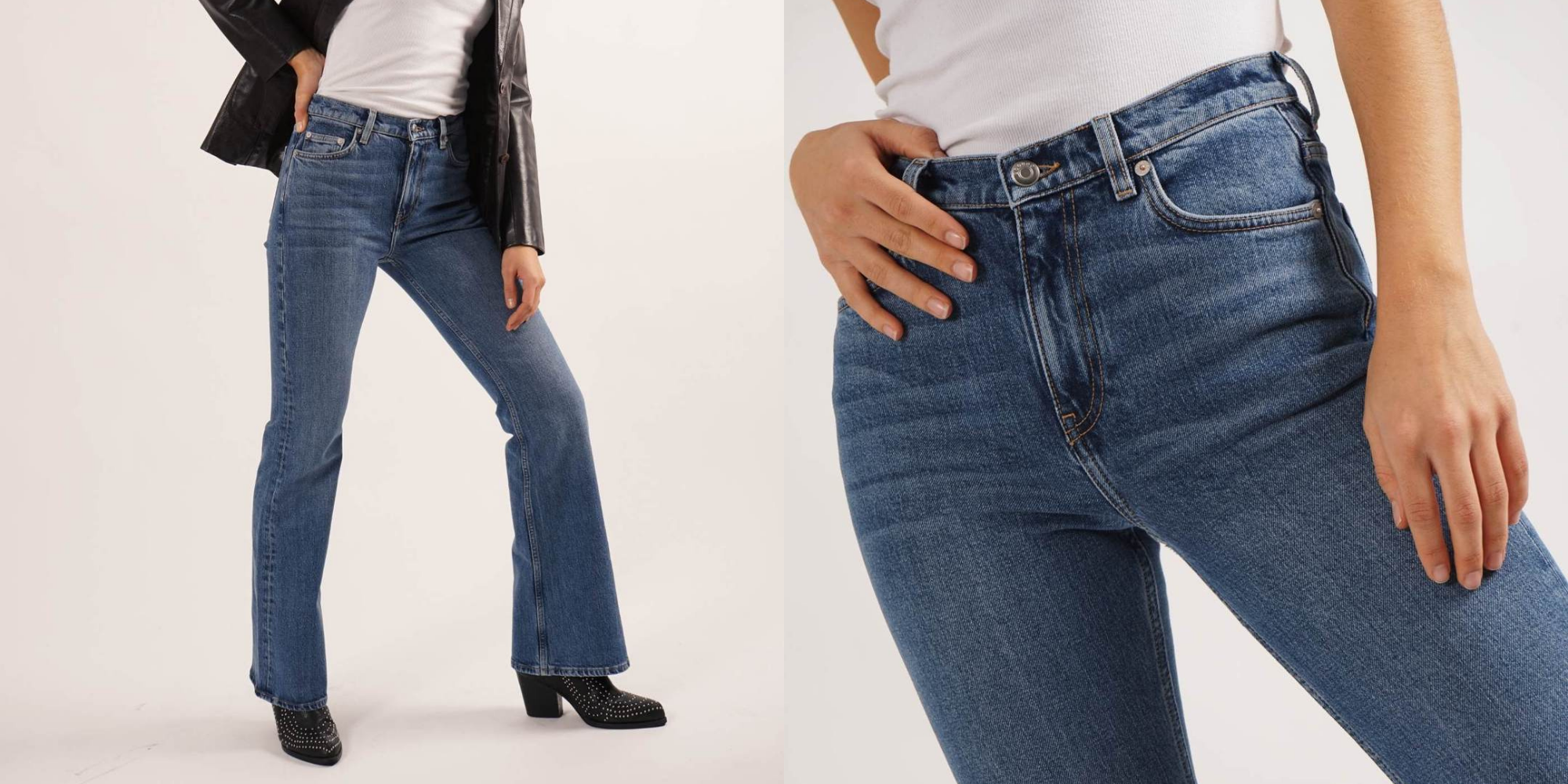woman wearing sustainable flare jeans by ethical brand COMOVITA