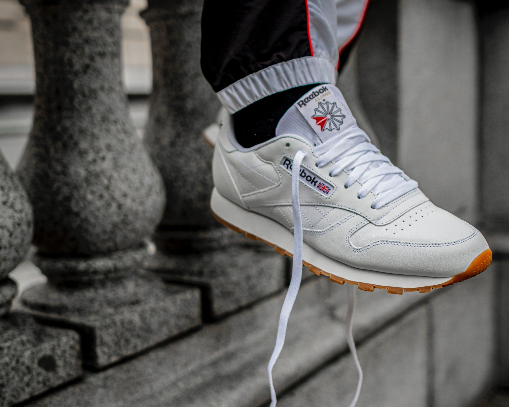 An unlaced white Reebok sneaker.