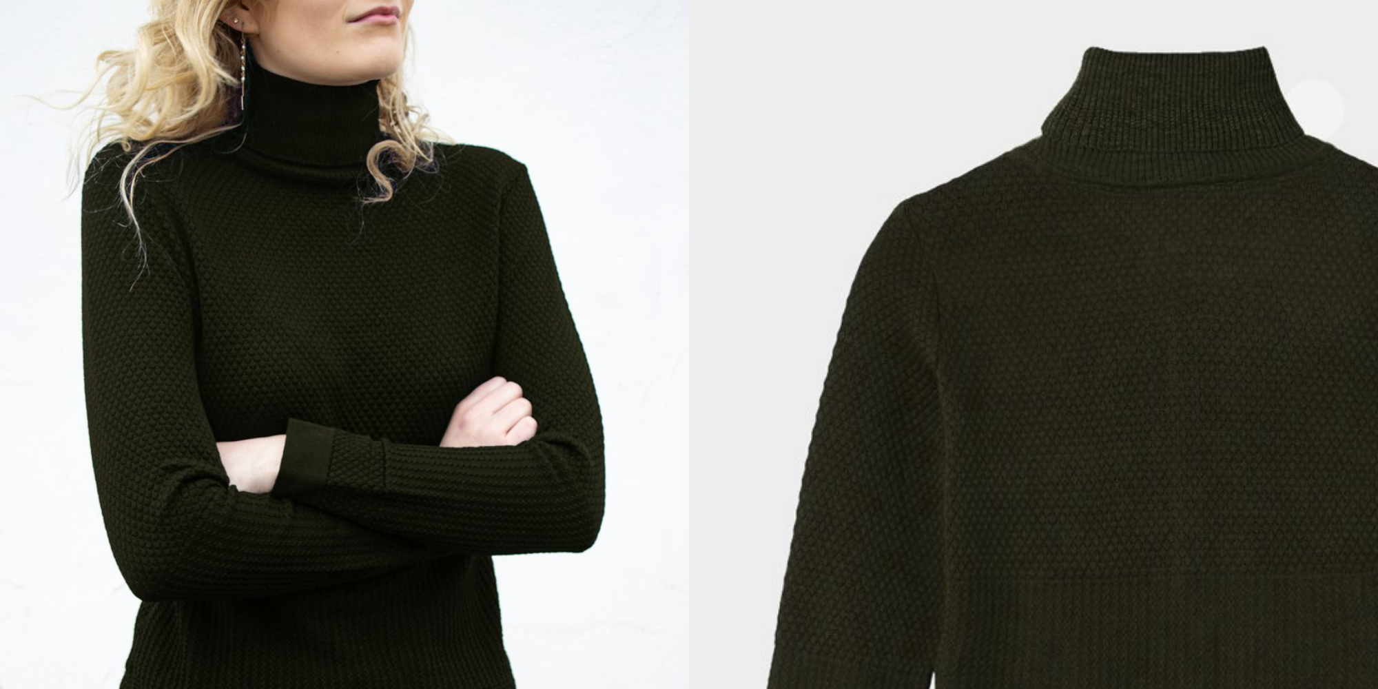 woman wearing deep green sustainable turtleneck from Le Pirol