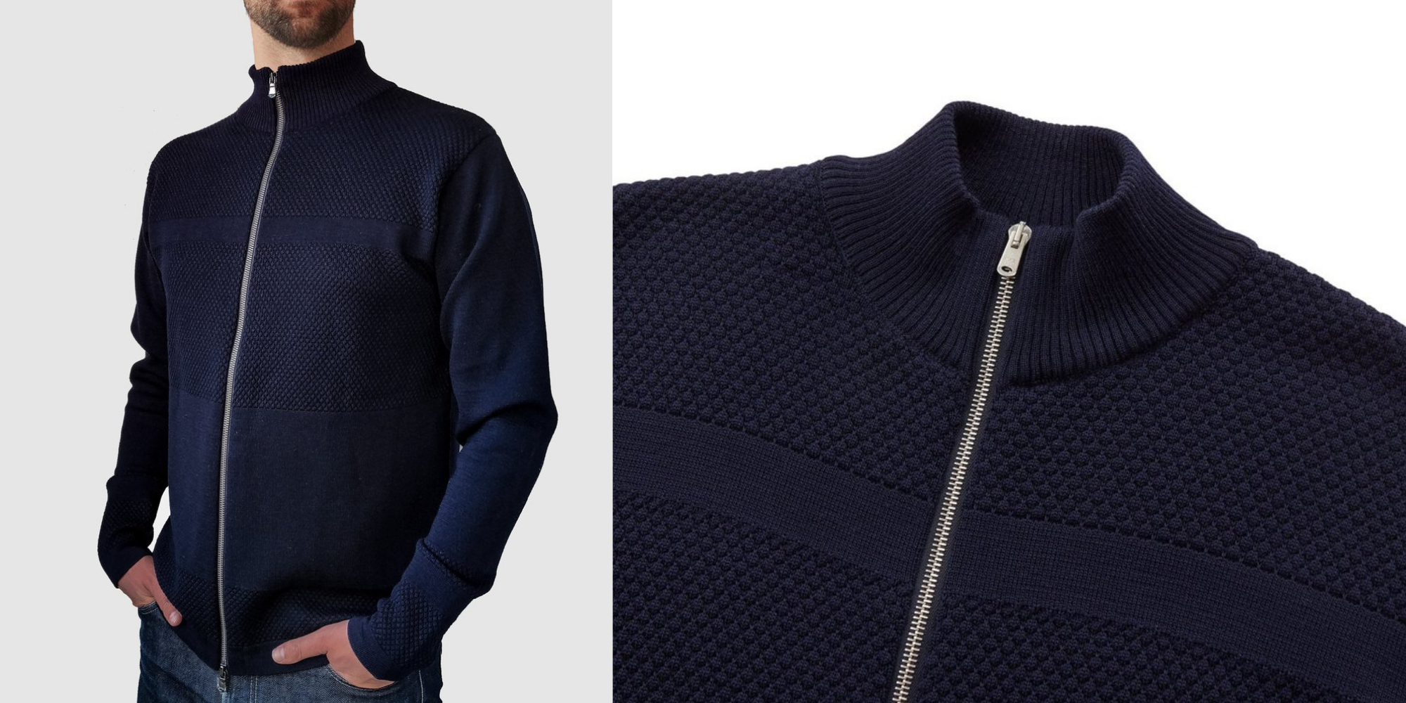man wearing navy zip front cardigan from ethical brand Le Pirol