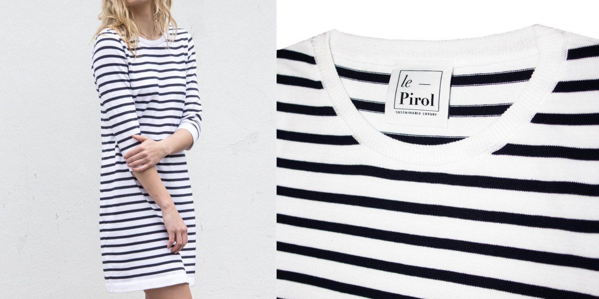 woman wearing navy and white striped sailor style sweater dress from Le Pirol