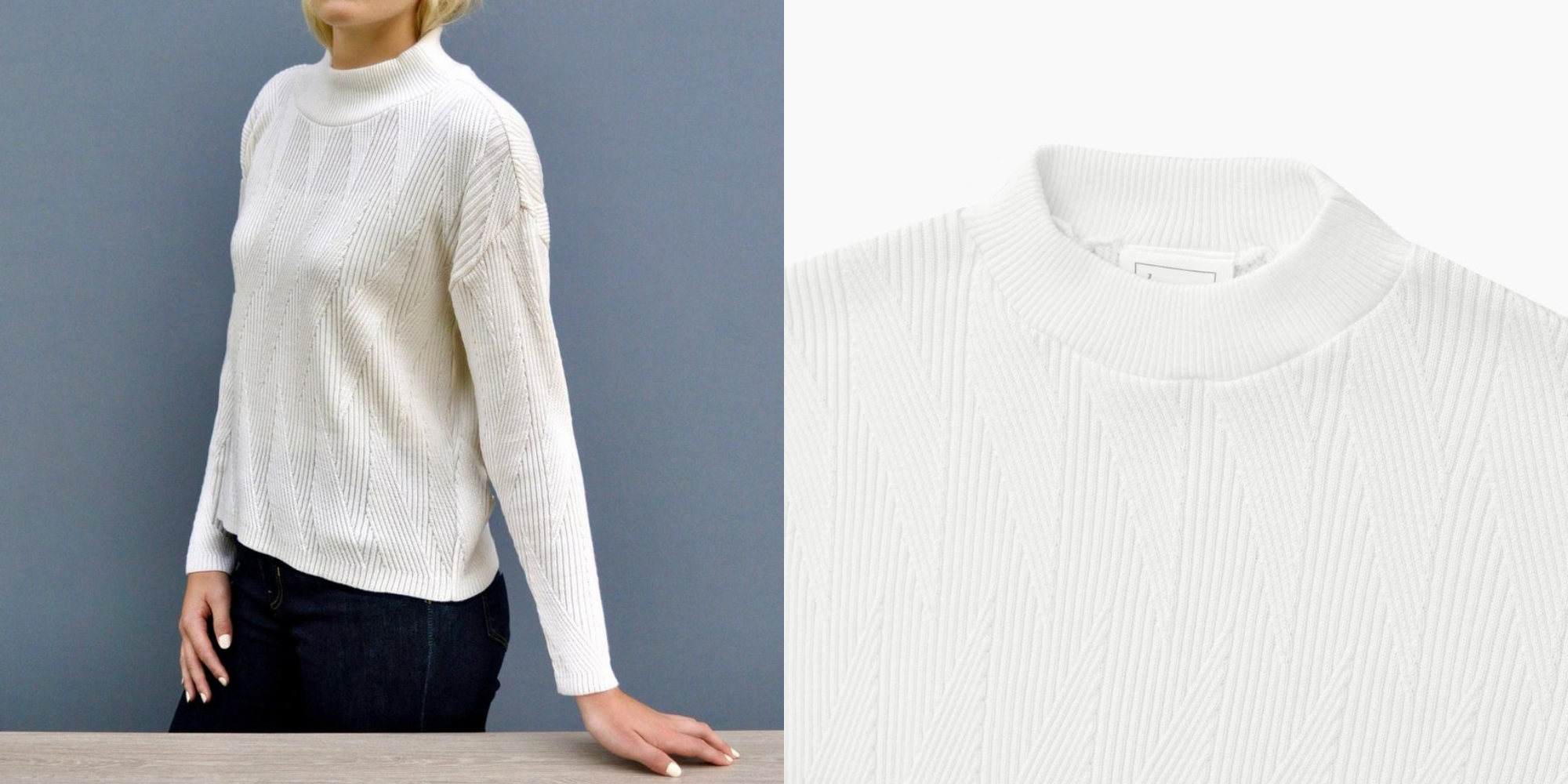 woman wearing white loose fit knit jumper from Le Pirol