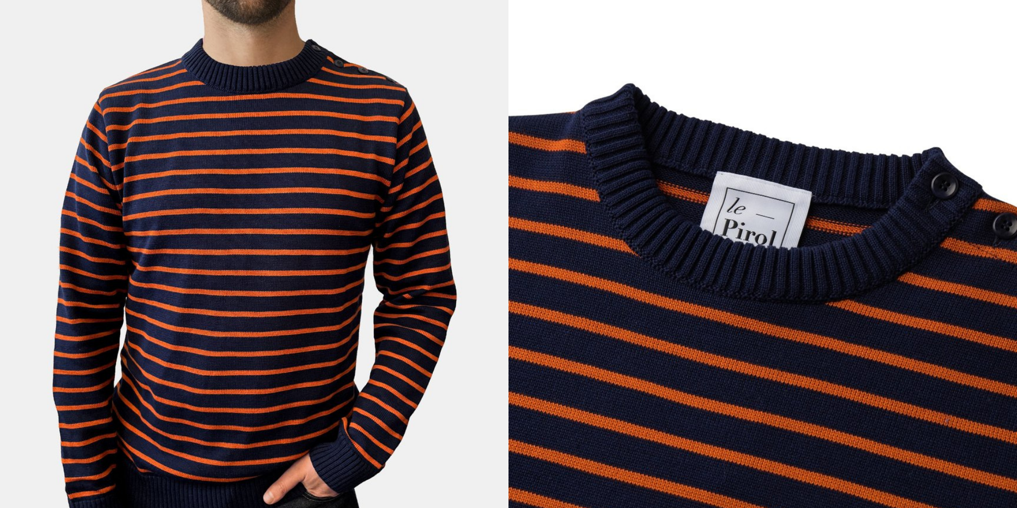 man wearing navy and orange striped organic cotton jumper by Le Pirol