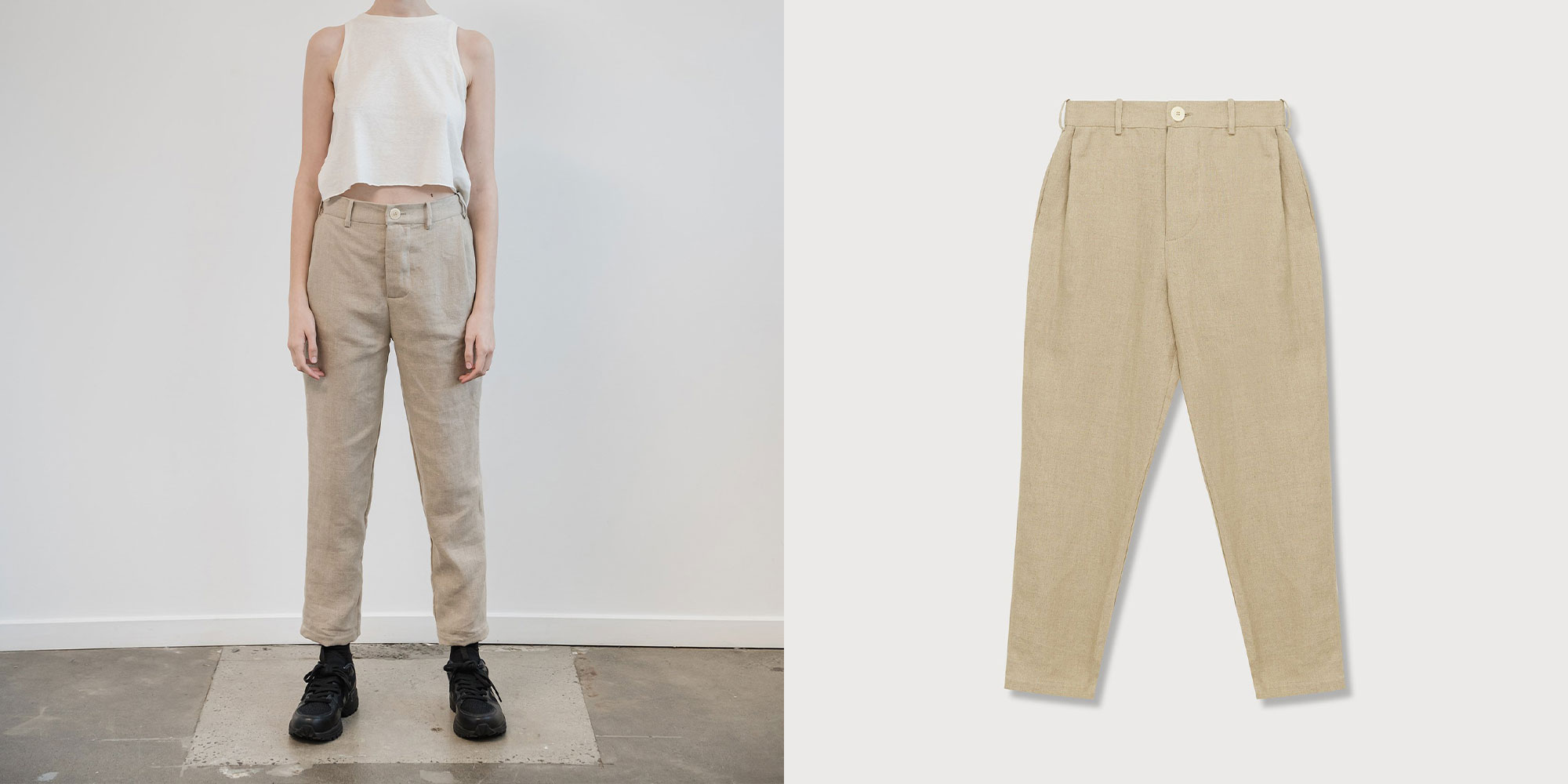woman wearing beige linen trousers by a.bch